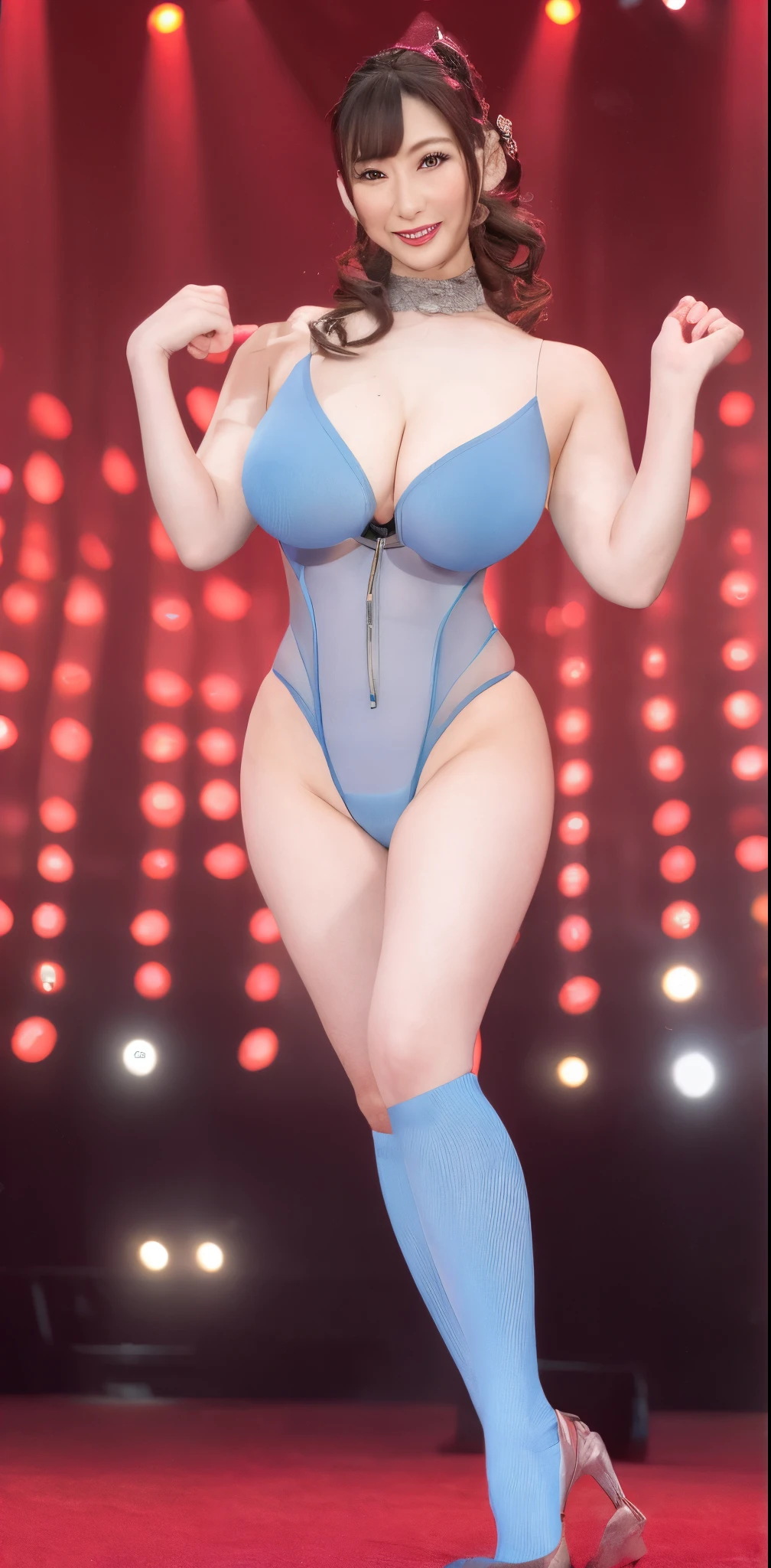 (highest quality:1.4), (High resolution:1.2), (Realistic:1.4), (8k, RAW Photos:1.2),whole body, Japanese blessed with beautiful curves、Beautiful Japanese cabaret dancer with big gorgeous eyes, Very large breasts bigger than her face, Slim waist, Wide Hips, Thick thighs, Take to the stage, Grand Club Ballroom, Intensely erotic bodysuits, Knee-high socks, Eye-catching composition, Soft colors,