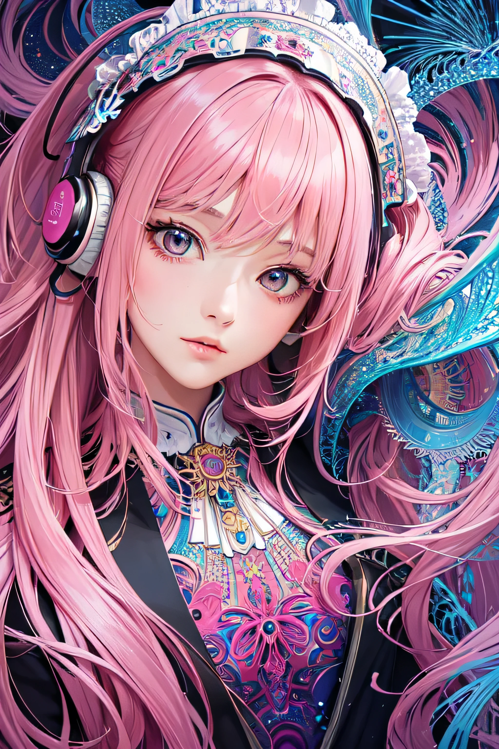 (masterpiece, highest quality, highest quality, Official Art, beautifully、aesthetic:1.2), (One girl), Very detailed,(Fractal Art:1.3),colorful,Most detailed pink hair、I have headphones on。