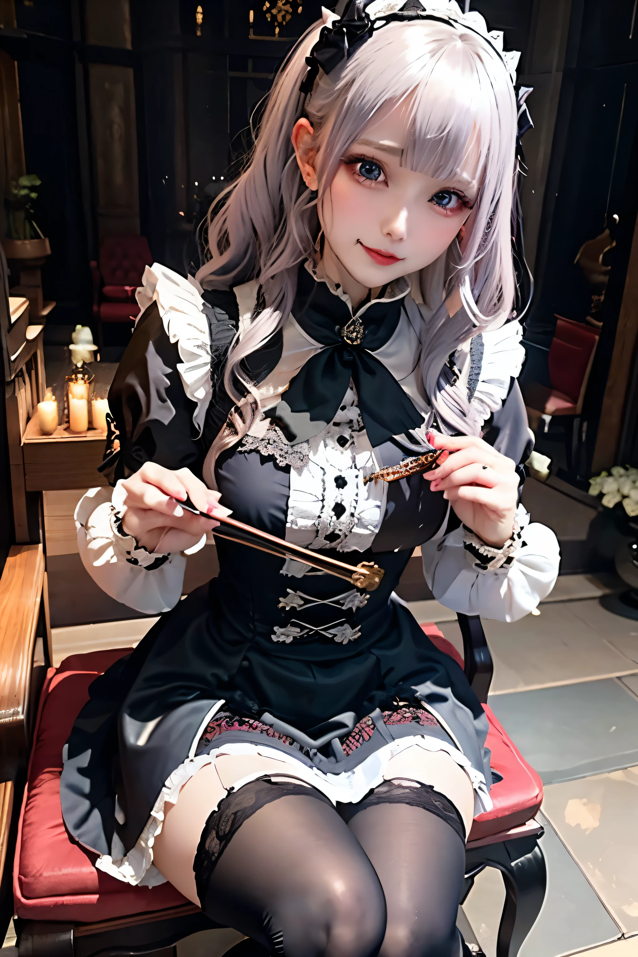 Hard Dark Gothic Makeup、Deep Night Sky、Horror、Black dark eyeshadow、sad、Good skin radiance、Dark Gothicメイク、Dark smile、palace、24-years-old、Embarrassed look、Dark Gothic、Obscene language、highest quality、Drunk face、紫のMaid clothes、Mysterious、Noble、sexy、Loving smile、Right blue eye, Left eye is red、Platform Heel Shoes、Heavy makeup、Gothic Lolita Clothing、Silver Hair、Long Hair Straight Hair、Cute Gothic Lolita Dress、Beautiful Face、elegant features、Fascinating face、Stained glass is the background、Chest glistening with sweat、The room is dark、gothic long dress、Bell Sleeves、Wizard Sleeve、Decadent look、Sexually excited expression、Glossy thighs wet with water、Thighs that are wet and shiny with oil、Background of a room full of roses、The embroidery is pink、The dress has pink embroidery、Thigh-high socks、Knee-high socks、Gentle expression、Dark black eyeshadow、Stained glass and rose background、Female Duo、Female couple、dark church background、Stained glass、Black metal world、Dark Castle、Slender body、gothic long dress、Maid clothes、Victorian dresses、Her thighs glisten with sweat、My body is wet and shiny、Lots of glitter on the thighs、My thighs are sticky from sweating、Sweat glistens on the thighs, The whole body is sweaty and shiny、Quite sweaty、My thighs are sweaty、My thighs are so wet、My thighs are shining with sweat、A lot of sweat glistens all over the body、Small breasts、Orchestra StageStage、Dynamic Angle、sitting on a gothic chair、Play the violin gracefully、With a violin、Press the violin strings、violinist、orchestra performance、Thin thighs、slender、Violin body and strings、Sit on a chair、pantyhose、