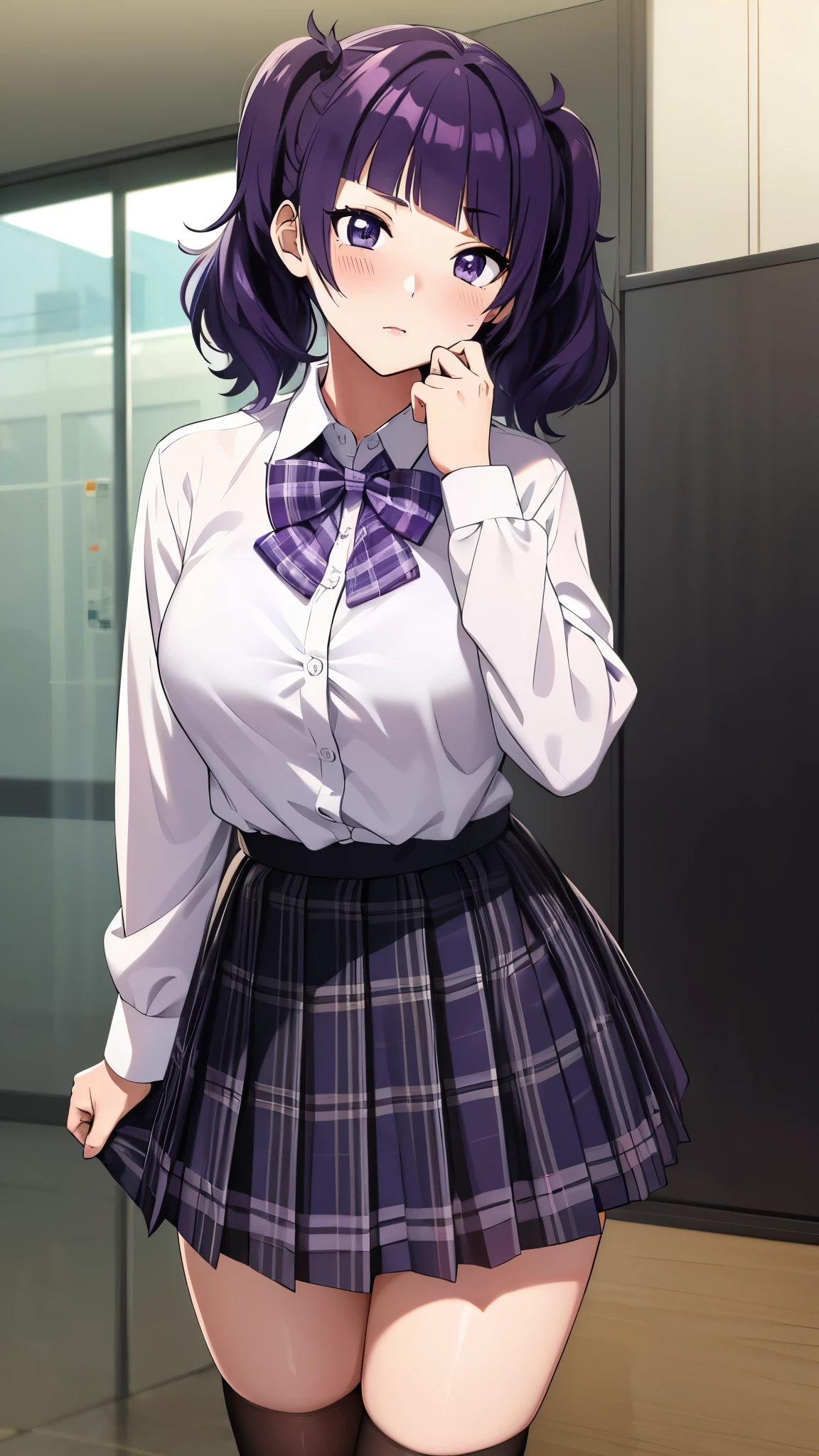 mamimi tanaka, asymmetrical bangs, blunt bangs, diagonal bangs, (purple eyes:1.1), purple hair, twintails, collared shirt, white shirt, bow, blue bow, skirt, plaid, plaid skirt, pleated skirt, short skirt,blush、((Skirt lifted、Black Panties))