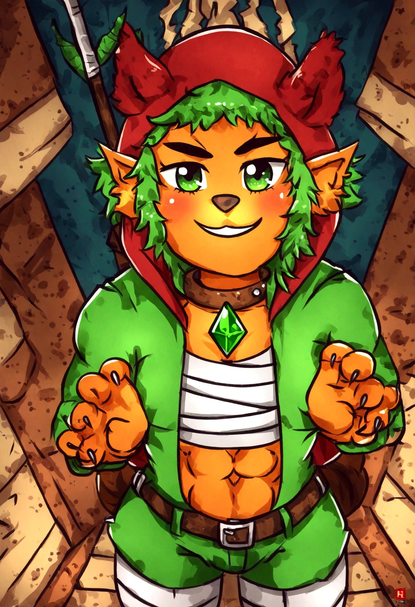 (((by Zackary911, by Kenket, By Kilinah))), Solo Male, Bright orange skin, Orange scales, (((Leprechaun)), (Detailed kobold)) Wearing a red cape with a hood, Green gemstone on collar, Bandage thighs and bandage chest, muscular toned, Squirrel ears, Fairy Tail, Messy hair, Front view, looking at the observer with an embarrassed smile, Blush, Take the staff, Perspective, finely detailed paws,