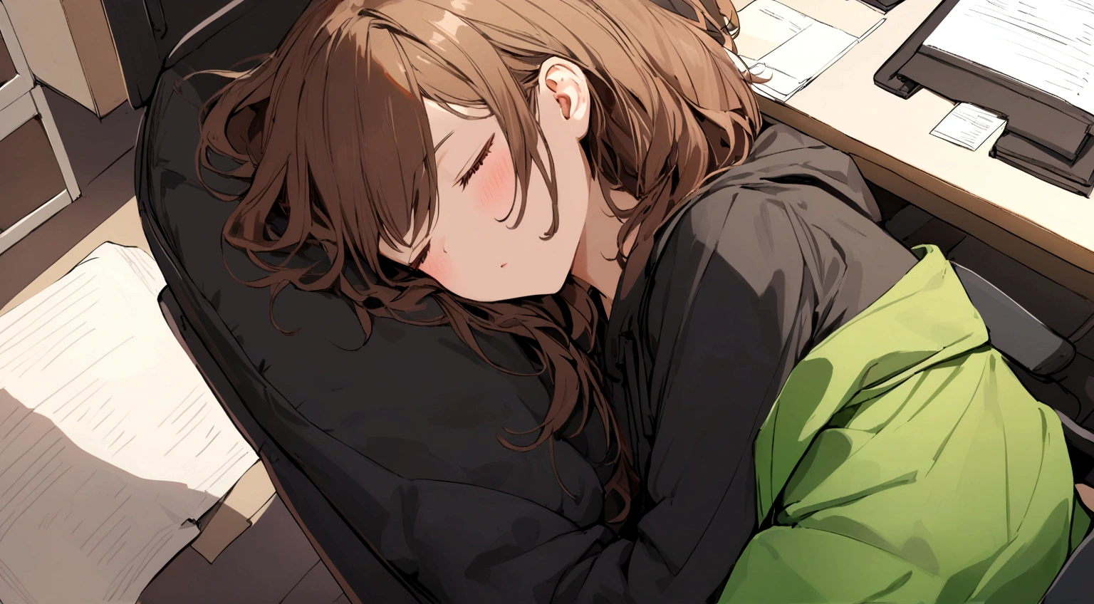 a girl with short brown hair wearing a and black hoodie, sleeping in office chair
