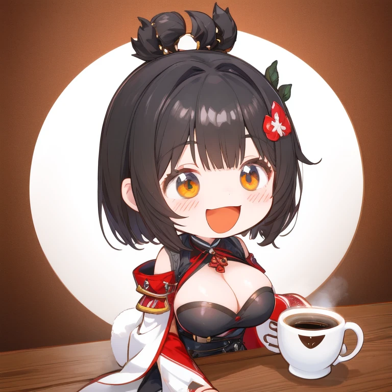 smile,open mouth,chibi,1 cute girl, short black tousled hair, big breasts, coffee