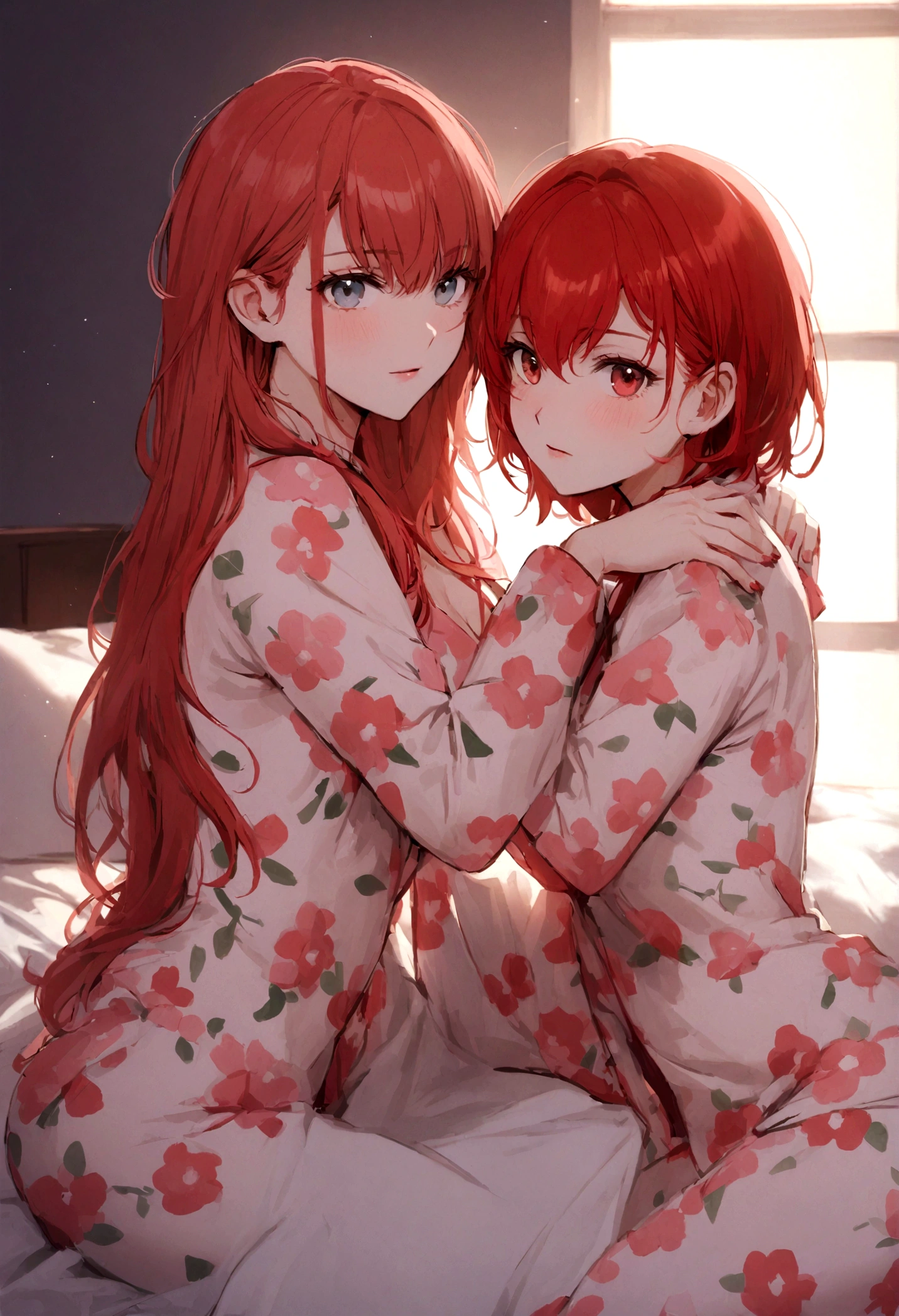 There is a woman sitting on a bed wearing a pink floral pajamas, red-haired girl, beautiful red-haired woman, red-haired woman, young red-haired girl, short bright red hair, red hair and attractive features, Anna Nikonova aka Newmilky, red-haired girl, redhead, beautiful woman, posing in bed, red head, with short red hair, posing in a room