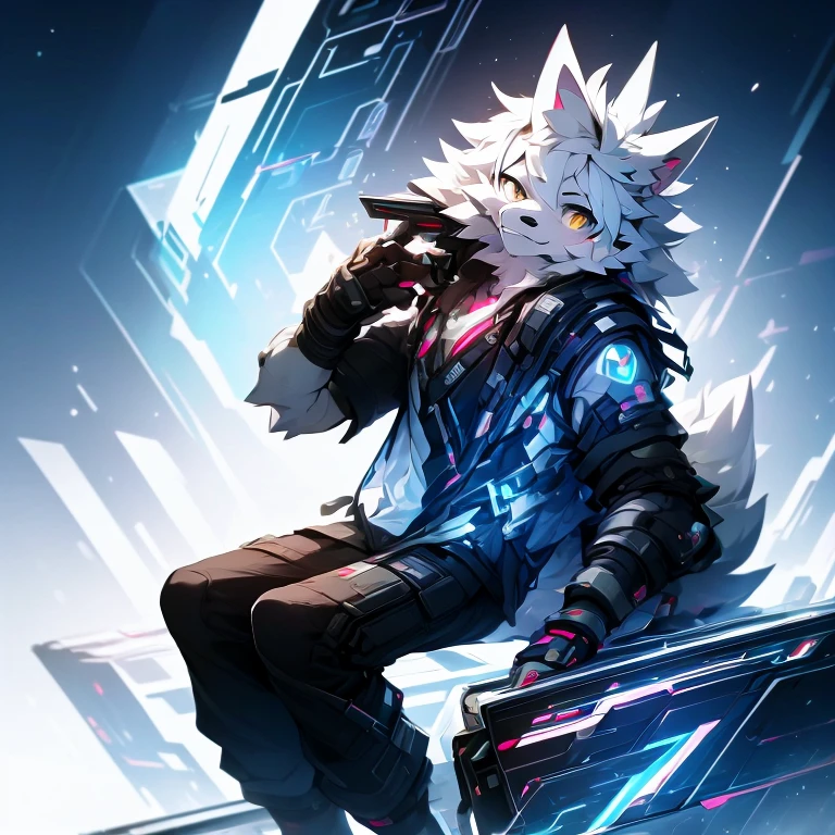 cyber punk perssonage,epcot,Tech style,solo person,White body,White ears,White hair,Overall white,Orange-yellow eyes,Wolf tail,Wolf orcs,Young,Wear a short-sleeved shirt,Ultra-clear screen,Soft lines