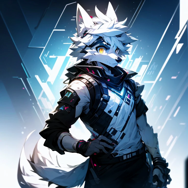 cyber punk perssonage,epcot,Tech style,solo person,White body,White ears,White hair,Overall white,Orange-yellow eyes,Wolf tail,Wolf orcs,Young,Wear a short-sleeved shirt,Ultra-clear screen,Soft lines