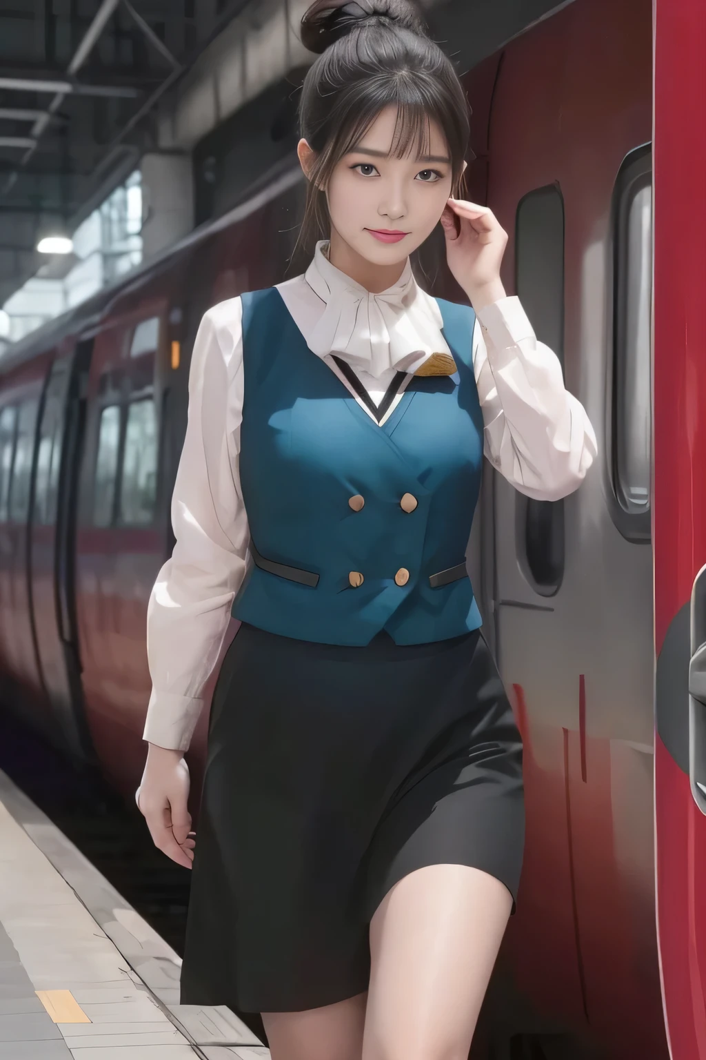 (masterpiece:1.2, highest quality:1.2), 32K HDR, High resolution, (alone、1 girl)、（At the station platform in the afternoon、Professional Lighting）、Background of an empty station platform、（Nankai Train crew uniformを着たリアルスタイル）、（The green vest of the Nankai train crew uniform、Nankai train crew uniform long-sleeved blouse with no collar、Nankai Train Crew Uniform Black Culottes）、Scarf around the neck、Dark brown hair、（Hair tied up、Hair Bun、Hair Bun）、Dark brown hair、Long Shot、Big Breasts、Thin legs、（（Great hands：2.0）），（（Harmonious body proportions：1.5）），（（Normal limbs：2.0）），（（Normal finger：2.0）），（（Delicate eyes：2.0）），（（Normal eyes：2.0））)、smile、（（A beautiful figure showing off a black wraparound culottes skirt））