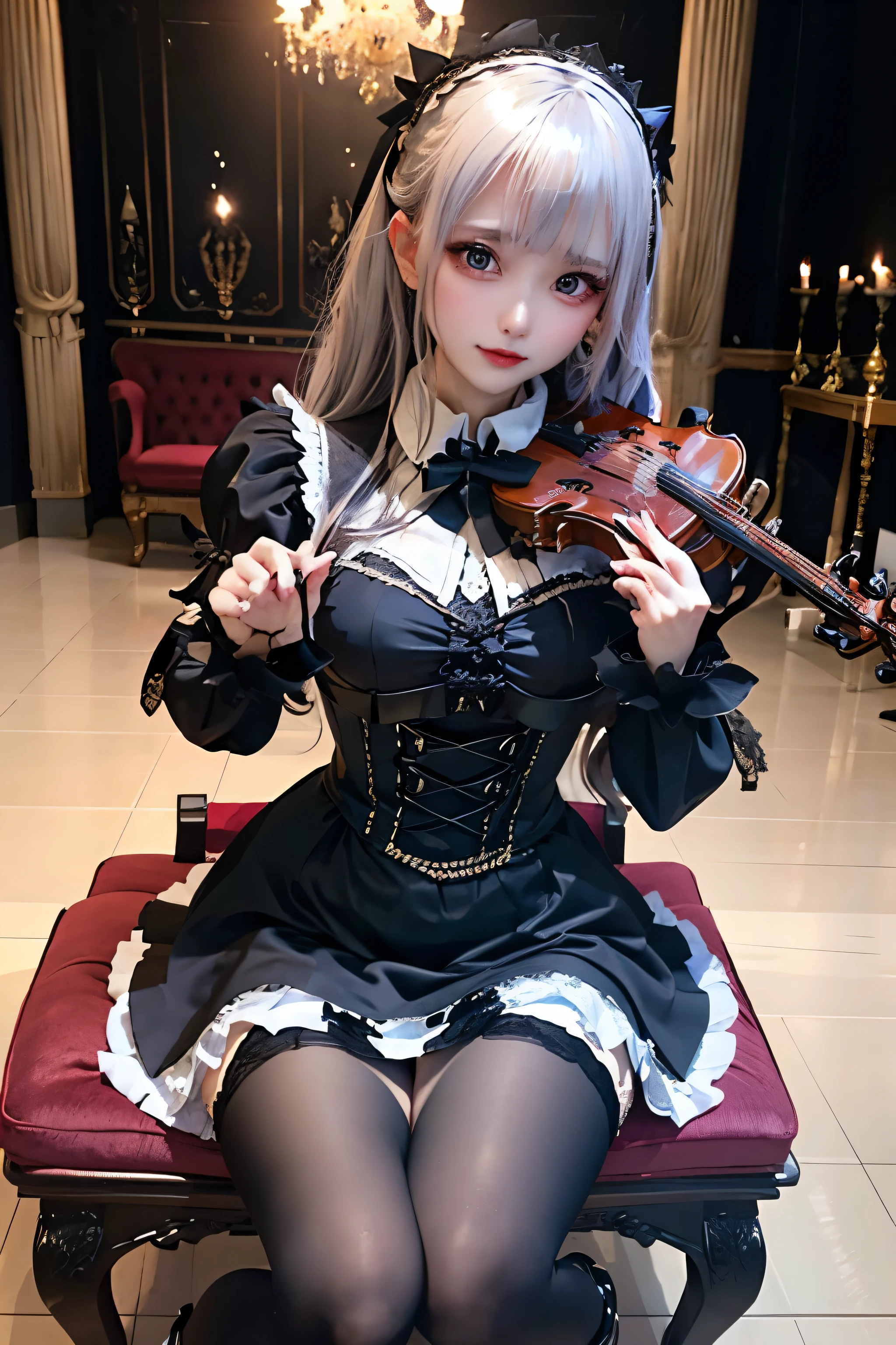 Hard Dark Gothic Makeup、Deep Night Sky、Horror、Black dark eyeshadow、sad、Good skin radiance、Dark Gothicメイク、Dark smile、palace、24-years-old、Embarrassed look、Dark Gothic、Obscene language、highest quality、Drunk face、紫のMaid clothes、Mysterious、Noble、sexy、Loving smile、Right blue eye, Left eye is red、Platform Heel Shoes、Heavy makeup、Gothic Lolita Clothing、Silver Hair、Long Hair Straight Hair、Cute Gothic Lolita Dress、Beautiful Face、elegant features、Fascinating face、Stained glass is the background、Chest glistening with sweat、The room is dark、gothic long dress、Bell Sleeves、Wizard Sleeve、Decadent look、Sexually excited expression、Glossy thighs wet with water、Thighs that are wet and shiny with oil、Background of a room full of roses、The embroidery is pink、The dress has pink embroidery、Thigh-high socks、Knee-high socks、Gentle expression、Dark black eyeshadow、Stained glass and rose background、Female Duo、Female couple、dark church background、Stained glass、Black metal world、Dark Castle、Slender body、gothic long dress、Maid clothes、Victorian dresses、Her thighs glisten with sweat、My body is wet and shiny、Lots of glitter on the thighs、My thighs are sticky from sweating、Sweat glistens on the thighs, The whole body is sweaty and shiny、Quite sweaty、My thighs are sweaty、My thighs are so wet、My thighs are shining with sweat、A lot of sweat glistens all over the body、Small breasts、Orchestra StageStage、Dynamic Angle、sitting on a gothic chair、Play the violin gracefully、With a violin、Press the violin strings、violinist、orchestra performance、Thin thighs、slender、Violin body and strings、Sit on a chair、pantyhose、
