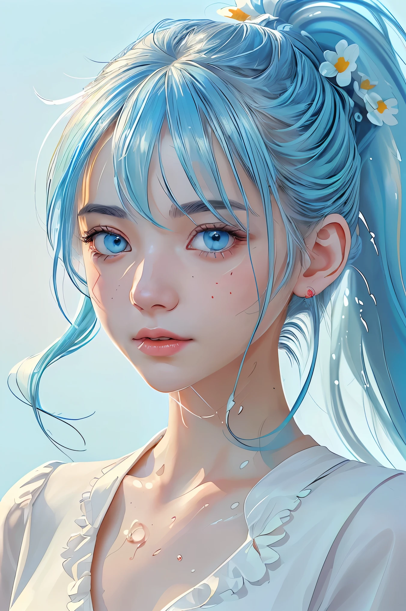 (Masterpiece), (Best Quality), (Super Detail), (disheveled Hair), (Illustration), (One Girl), (Fashionable Clothes), Standing, Fashion Model, Beholder, (Interview), (Simple Background), Finely Beautiful Eyes, Delicate Beautiful Face, Floating, (High Saturation), (Colorful Splash), Colorful Bubble, (Shine), Focus on the Face, Ponytail, Light Blue Hair, Bangs, Hair Rings, Floating Flowers, Floating Hairs, (Shining), Best Lighting, Best Shadows