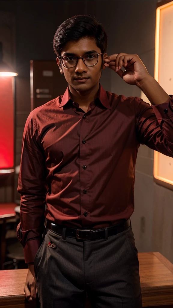 21 year old Indian boy with fair skin wearing spectacles and narrow body posing for a LinkedIn picture in formals red light in background