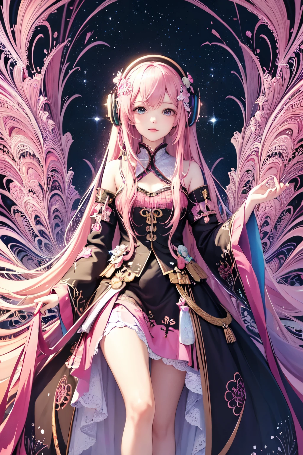 (masterpiece, highest quality, highest quality, Official Art, beautifully、aesthetic:1.2), (One girl), Very detailed,(Fractal Art:1.3),colorful,Most detailed pink hair、I have headphones on。
