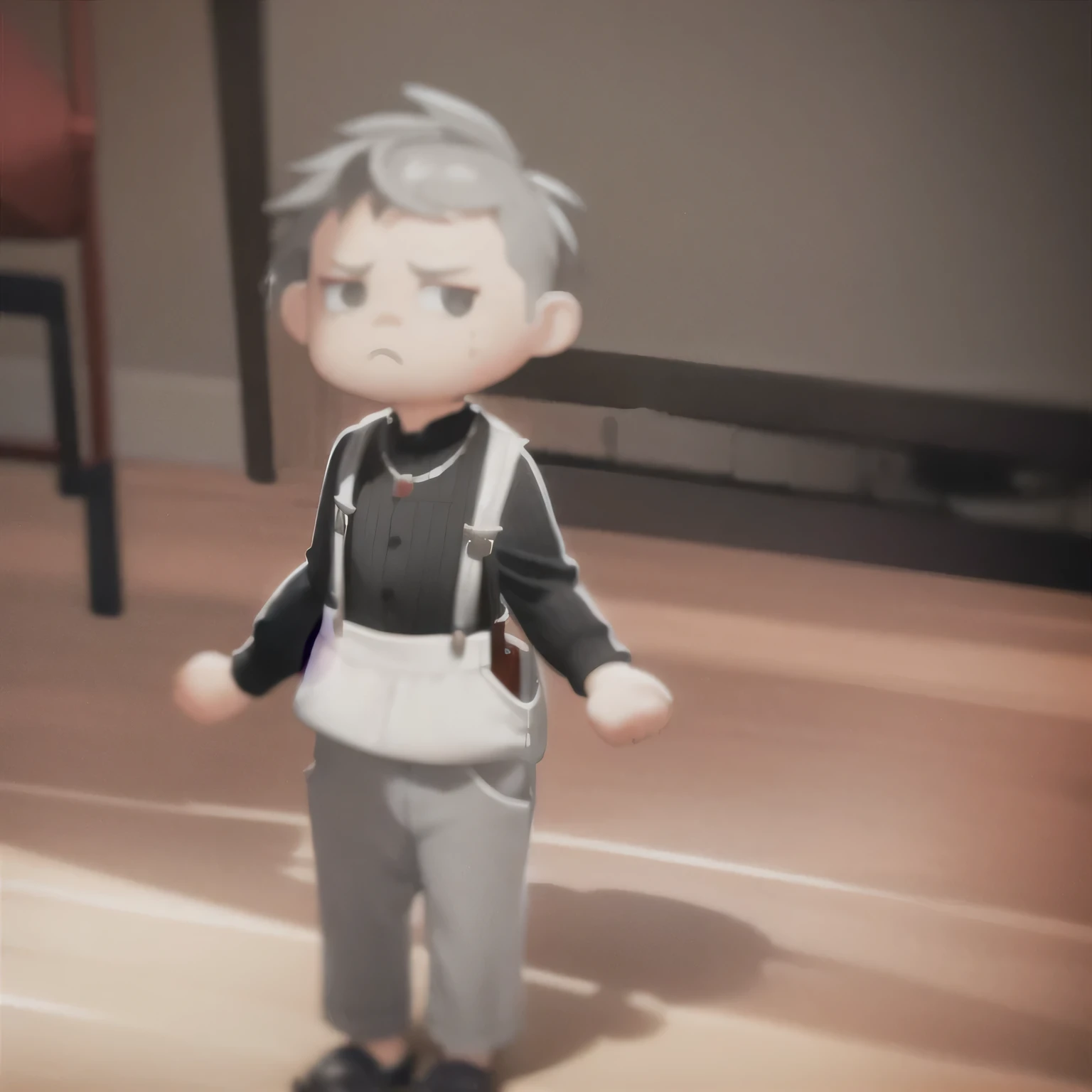 masterpiece, best quality, Red Cliff,1 boy,Gray hair,necklace,short hair,parted bangs,forehead,(Black shirt,Long sleeve, Grey pants,White suspenders:1.4),anger