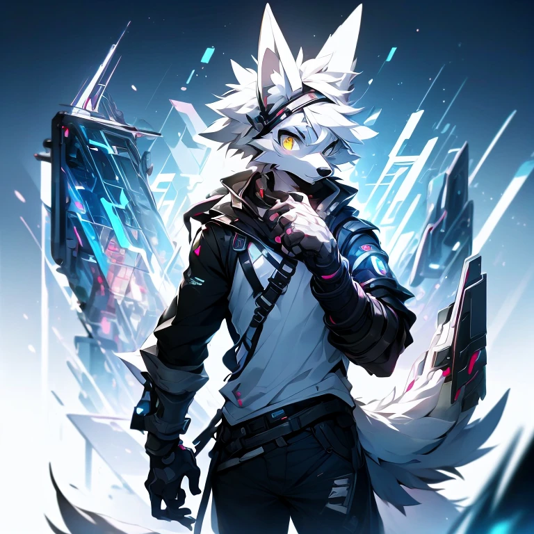 cyber punk perssonage,epcot,Tech style,solo person,White body,White ears,White hair,Overall white,Orange-yellow eyes,Wolf tail,Wolf orcs,Young,Wear a short-sleeved shirt,Ultra-clear screen,Soft lines