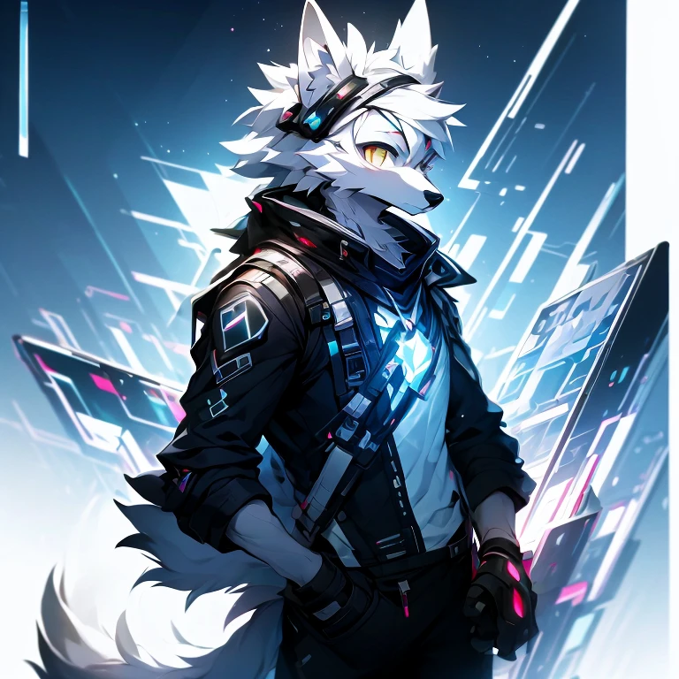 cyber punk perssonage,epcot,Tech style,solo person,White body,White ears,White hair,Overall white,Orange-yellow eyes,Wolf tail,Wolf orcs,Young,Wear a short-sleeved shirt,Ultra-clear screen,Soft lines
