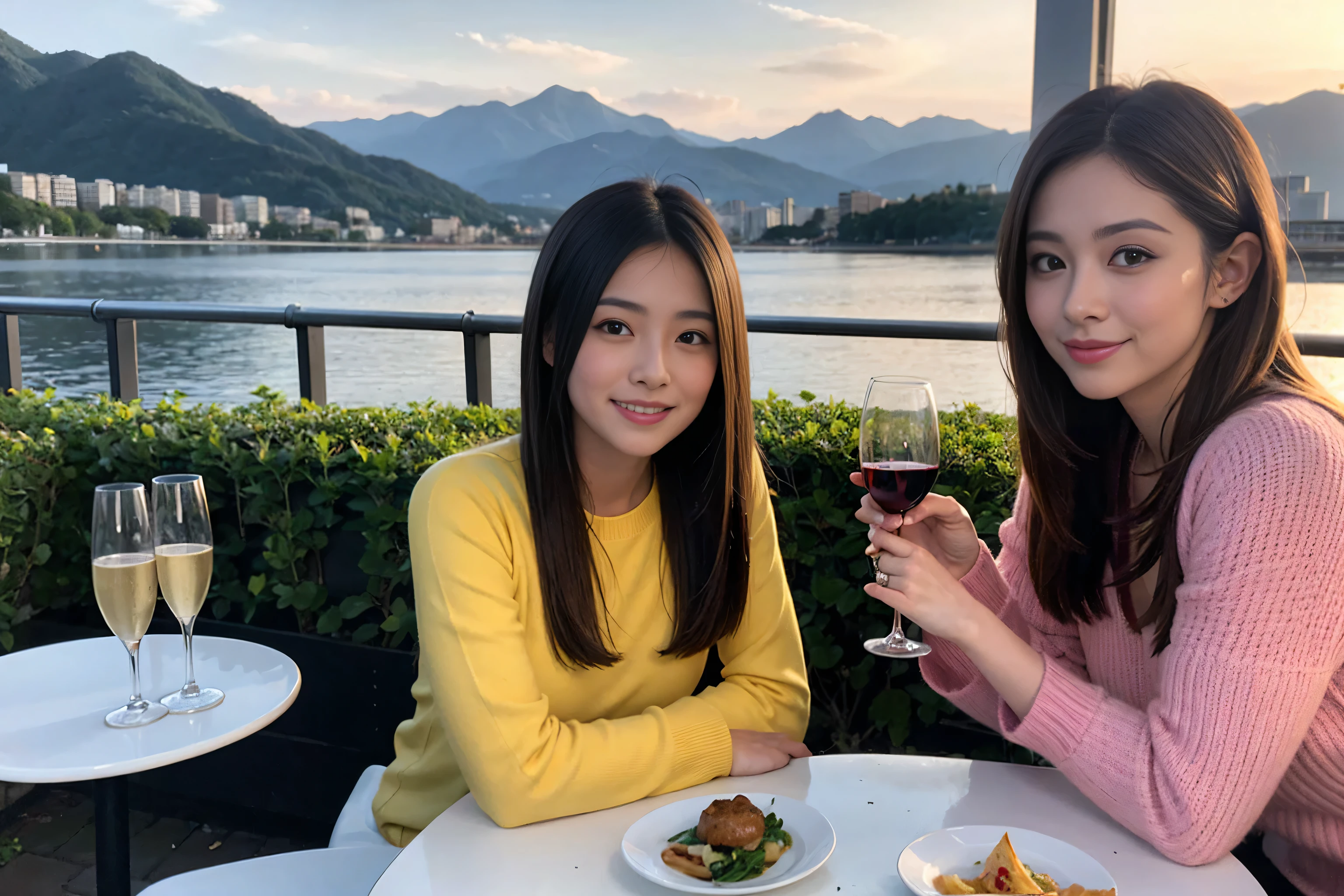 ((highest quality、8k、masterpiece:1.3))、1 male 1 female、Hirose Alice lookalike couple、Lovers、Satomi Ishihara-like beautiful couple、 (Slim face), (The body is スリム), (Brown Hair), (Shortcuts), ((Bob Hale、Straight hair:1.2)), Wine glass on the table、Please put light on my face、 Amazing view of the sunset sky and clouds、Amazing mountain views、The wonderfulness of smiles、Bright image、Blushing, Shortcuts,Bright Face、 (Age 35), 39 years old, red wine 、Appetizers、Italian food、Wine bottle、Champagne、sparkling wine、Long sleeve shirt、dress、Attractive beauty、restaurant, Nova Frog Style, actress, model, Upper Body, White wine, red wine, wine glass,
