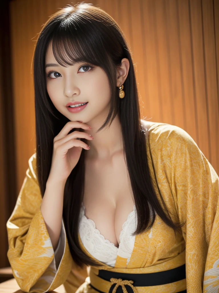 Tabletop, highest quality, Realistic, In detail, High resolution, 8k wallpaper,Perfect dynamic composition, Beautiful details, Medium Hair,Random sexy poses、Beautiful Japanese Kimono:Japanese pattern)、Beautiful breasts、Laughter、Open your mouth、Kyoto at Night、Beautiful Japanese Woman、Age 25、(Beautiful Eyes:1.4)、Adult Beauty、Realistic portraits、Beauty Painting、