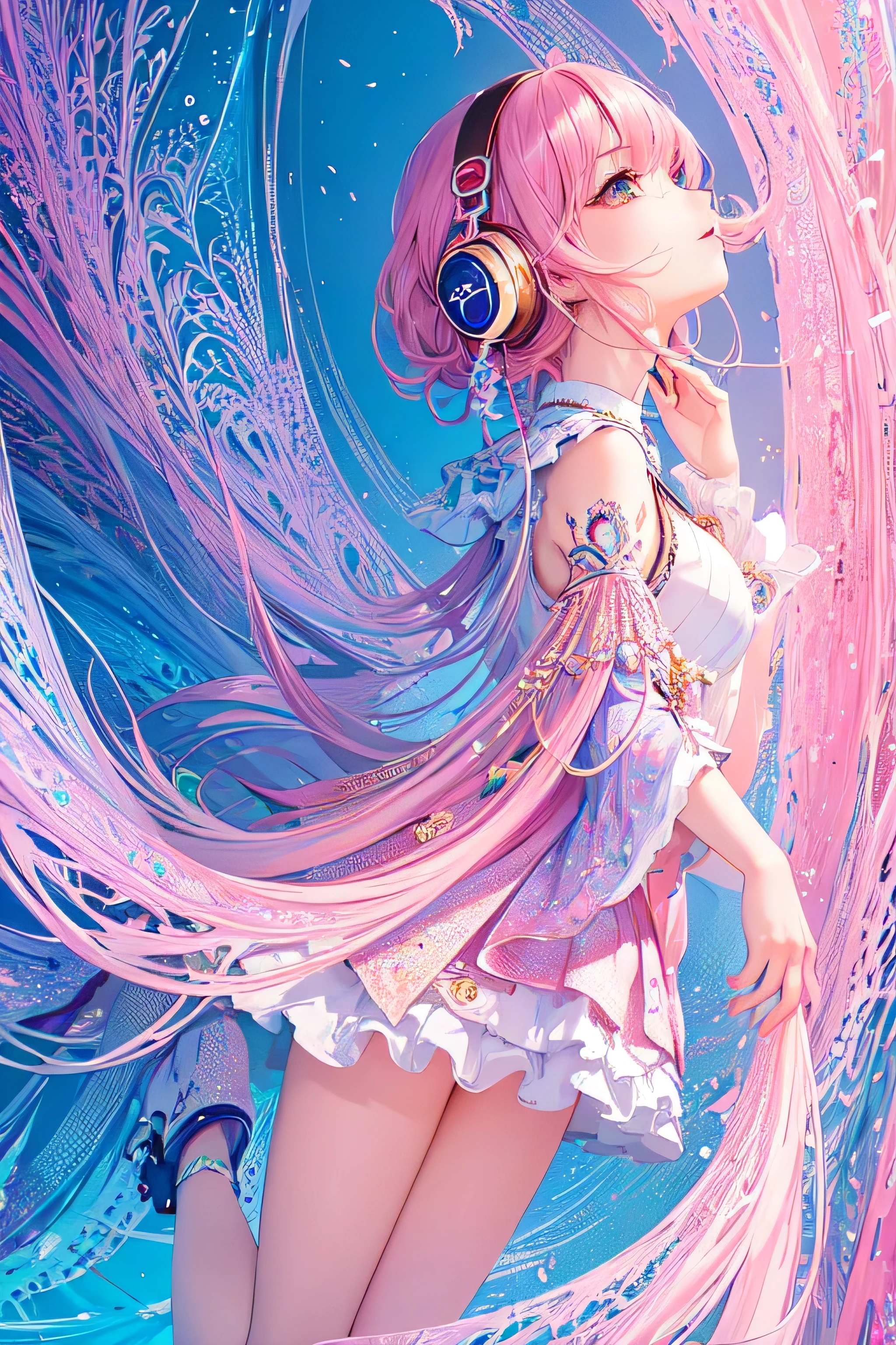 (masterpiece, highest quality, highest quality, Official Art, beautifully、aesthetic:1.2), (One girl), Very detailed,(Fractal Art:1.3),colorful,Most detailed pink hair、I have headphones on。