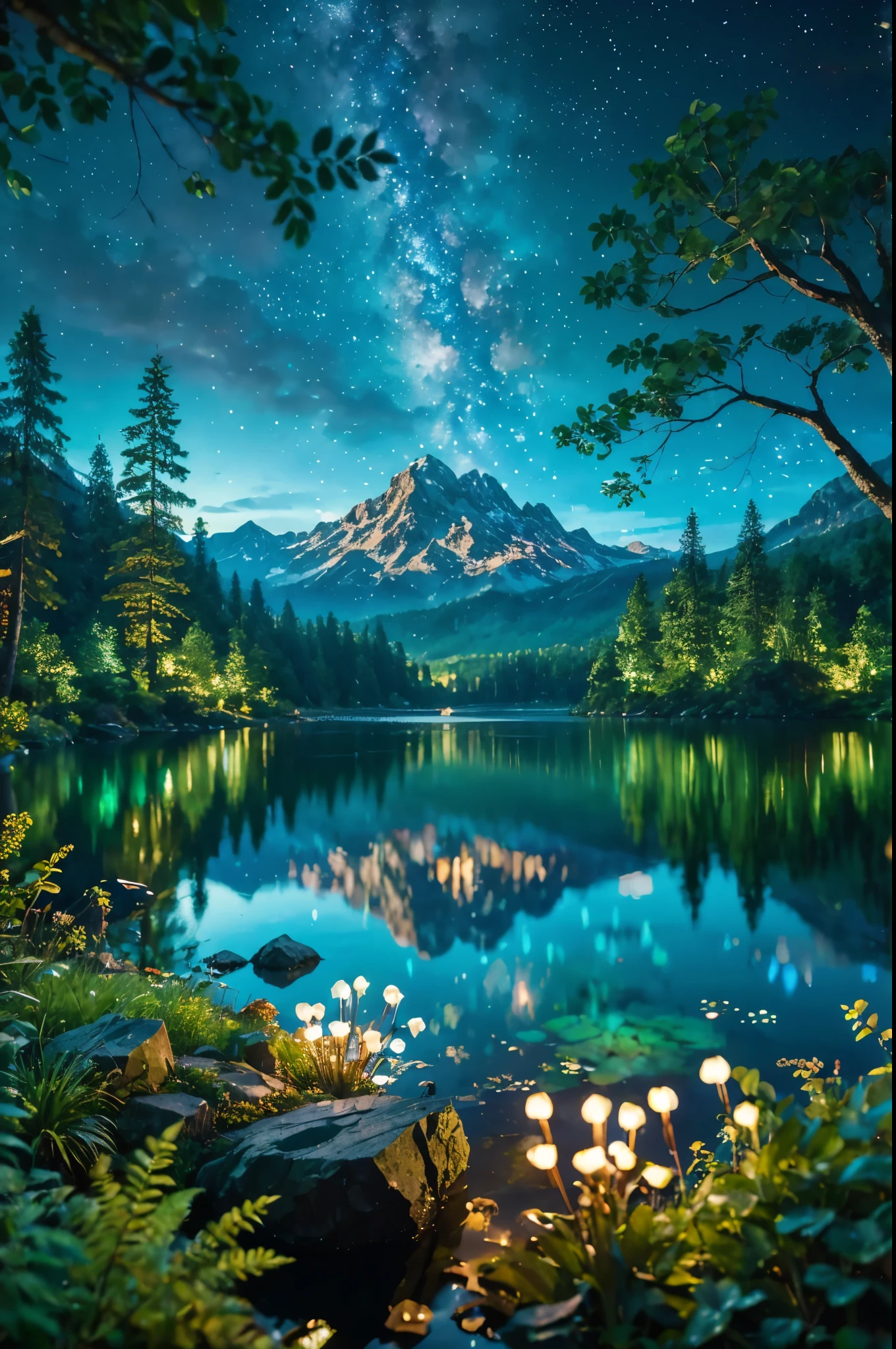 35mm photograph, film, bokeh, professional, beautiful fantasy forest with a mountain in the background and a lake at night with milyway in the sky, hyperrealistic, super realistic, sharp focus, 32k, (((masterpiece))) (((ultimate quality))), exquisite beauty, highiest texture resolution, photorealistic, fantasy setting, epic composition