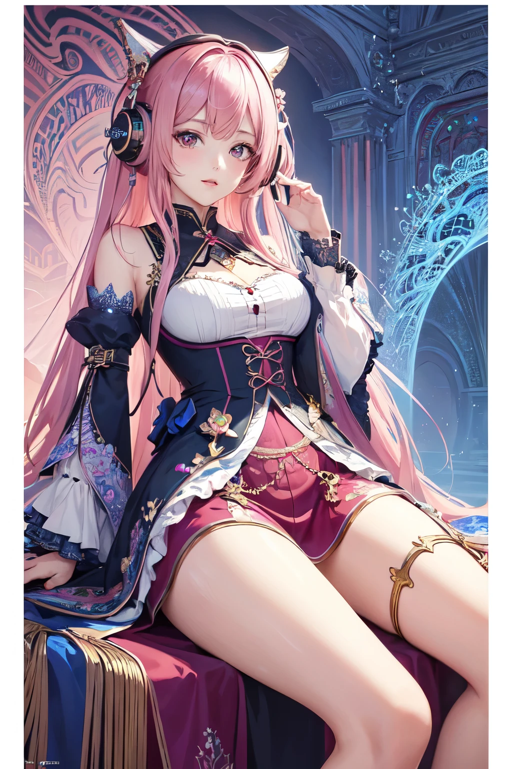 (masterpiece, highest quality, highest quality, Official Art, beautifully、aesthetic:1.2), (One girl), Very detailed,(Fractal Art:1.3),colorful,Most detailed pink hair、I have headphones on。