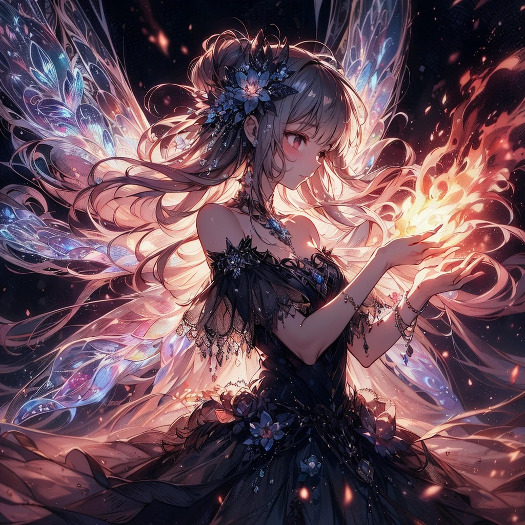 (Exquisite, beautiful, Very detailed, masterpiece, high resolution,high quality,High resolution),(Well-formed face,Soft and thin lines: 1.2, Beautiful, delicate and vivid illustrations with a mature and clear feel, Pixiv-inspired anime illustration,Cute girl-style illustrations that go viral among Japanese people on Twitter), He floats in the air, controlling the flames and fire from the rings on his hands.,A delicate and beautiful adult fairy princess with transparent, black wings growing from her back.,Dark Night,inflammation,sparks,From a little distance,She's wearing a tiara, earrings, necklace and bracelets.,), ((Red, white and black ball gown dress with inflammation motif:1.1, Balloon sleeves, Jewels, ribbons, lace and frills, Fairy wings from the back:1.5)), (Long fingers,Pale pink blush, Plump pink lips,Beautiful and clear eyes,Large Bust, Fair skin, Black knee-highs,Good style),pastel colour, Fantasy,Whole body,flare up