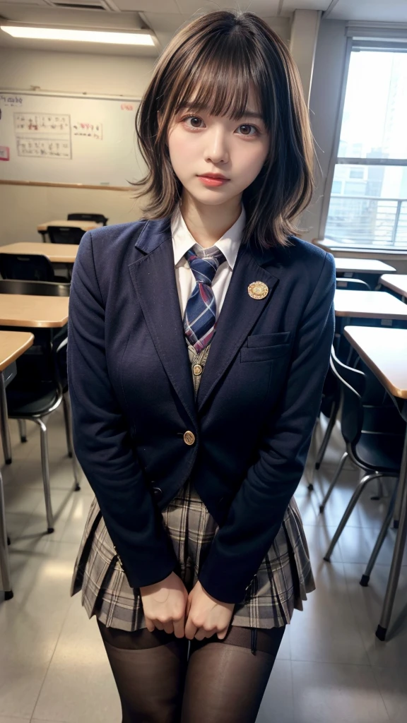 muste piece, best quality, illustration, Super detailed, fine details, High resolution, 8K,wall paper, perfect dynamic composition,(Details High quality, realistic depiction of eyes:1.3), (wavy hair:1.2), High School Classroom、High school girl uniform、blazer 、Super Short Check Uniform Skirt、Navy blue high socks、garterbelts、large breasts, Disturbed uniform, short bob hair, black hair color, large breasts, Big Natural Color Lip, bold sexy pose, (perfect body shape), crying a little、cold gaze, Harajuku style、20 year old girl、cute type, beautiful legs, hposing Gravure Idol, Voluptuous thighs, Accurate anatomy、Ultra-high definition beauty face、Ultra HD Hair、Ultra HD The Shining Eyes、The Shining, Super high quality beautiful skin、Super high quality glossy lip