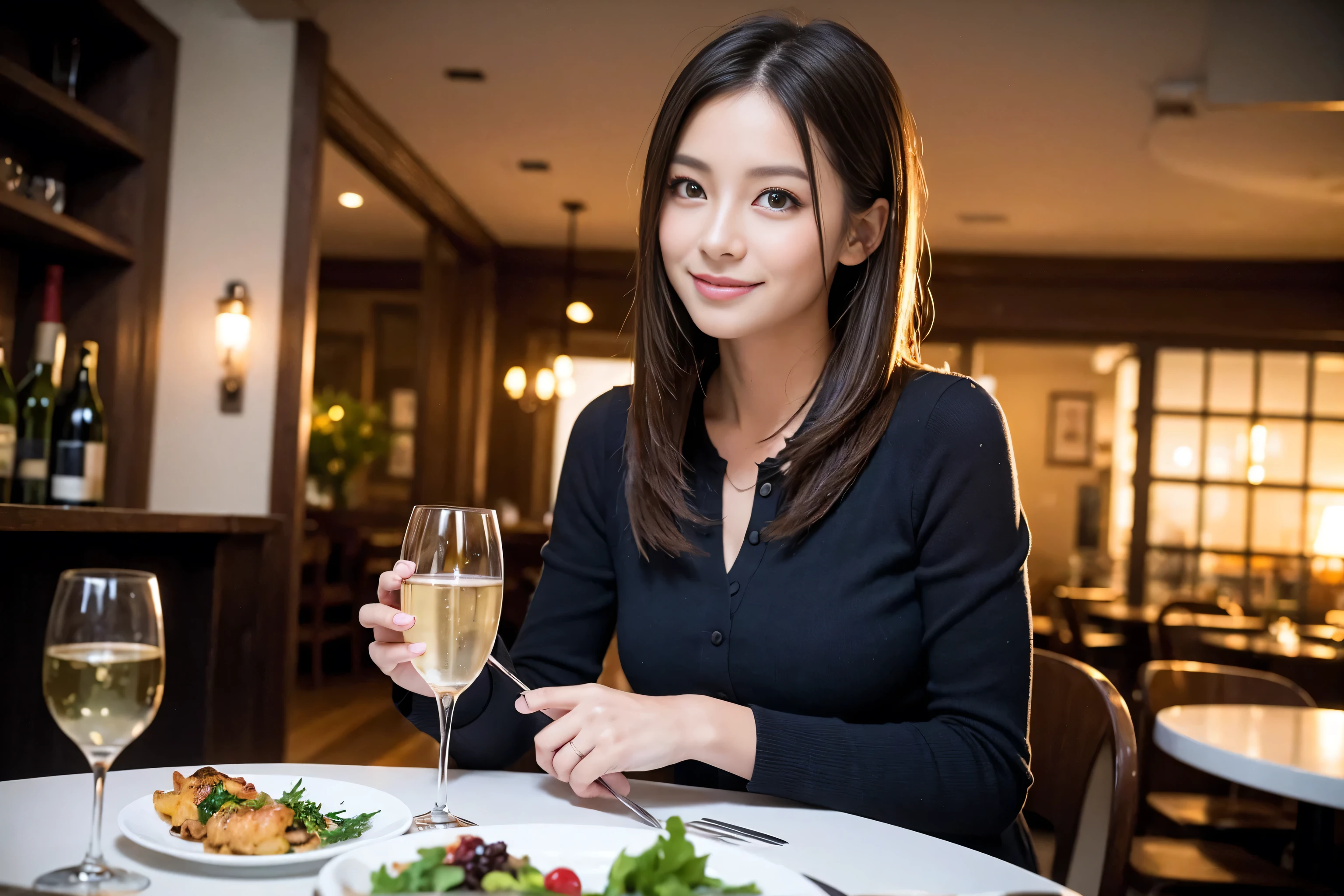((highest quality、8k、masterpiece:1.3))、1 male 1 female、Hirose Alice lookalike couple、Lovers、beautiful couple、 (Slim face), (The body is スリム), (Brown Hair), (Shortcuts), ((Bob Hale、Straight hair:1.2)), Wine glass on the table、Please put light on my face、 Amazing view of the sunset sky and clouds、Amazing mountain views、The wonderfulness of smiles、Bright image、Blushing, Shortcuts,Bright Face、 (Age 35), 39 years old, red wine 、Appetizers、Italian food、Wine bottle、Champagne、sparkling wine、Long sleeve shirt、dress、Attractive beauty、restaurant, Nova Frog Style, actress, model, Upper Body, White wine, red wine, wine glass,