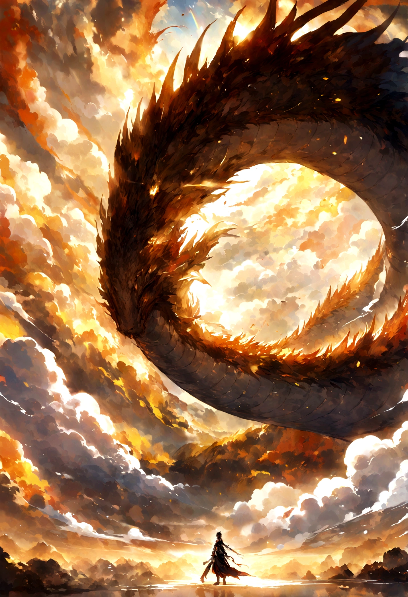 Landscape painting,White rainbow background,A huge Chinese dragon is golden in the air