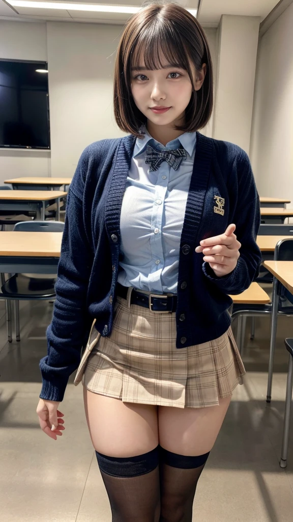 muste piece, best quality, illustration, Super detailed, fine details, High resolution, 8K,wall paper, perfect dynamic composition,(Details High quality, realistic depiction of eyes:1.3), High School Classroom、High school girl uniform、Cardigan、Super Short Check Uniform Skirt、Navy blue high socks、garterbelts、Colossal tits、Disturbed uniform、short bob hair, black hair color, Big Natural Color Lip, bold sexy pose, (perfect body shape), crying a little、Harajuku style、20 year old girl、cute type, beautiful legs, hposing Gravure Idol, Voluptuous thighs