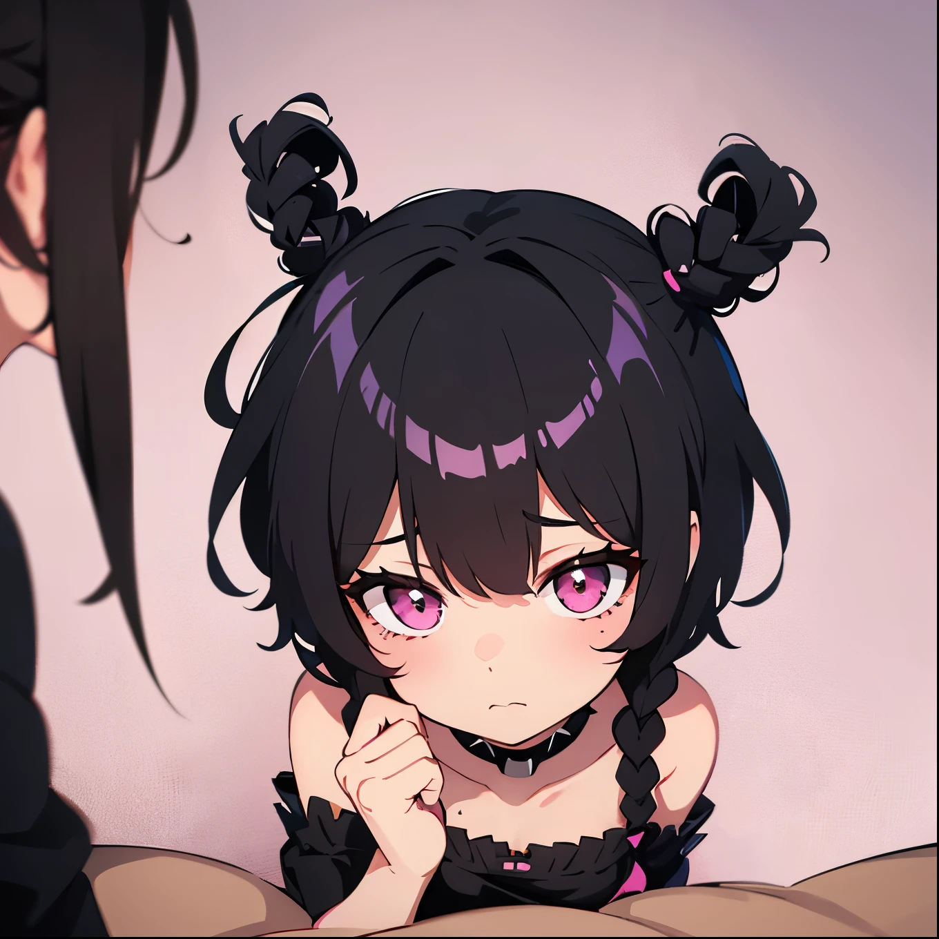 trans girl, black and short hair, two spiked buns, with braids on the bangs, shy, naked, being fucked by a femboy with a pink mini skirt, cumming in her face 