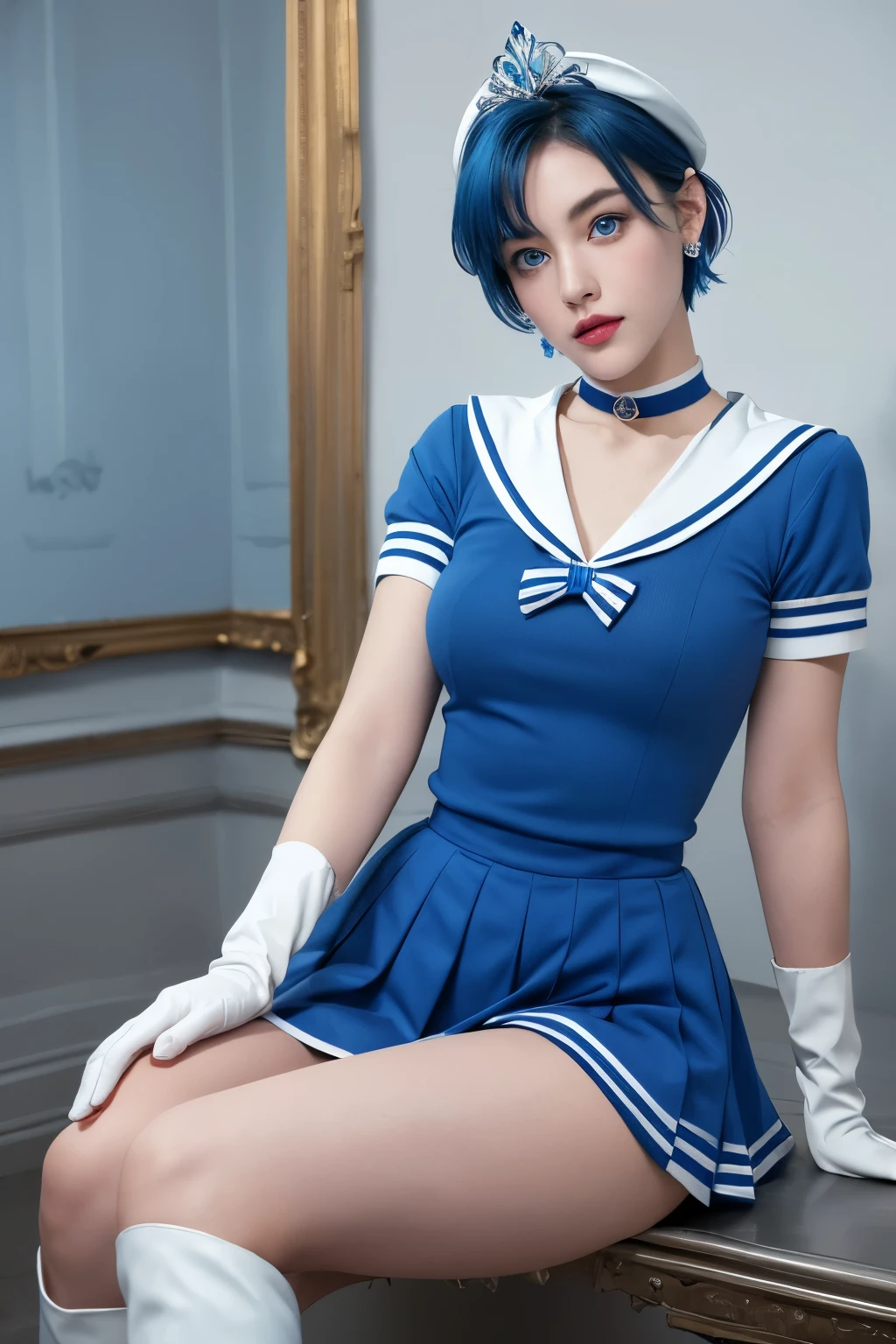 1 woman,chest,Gloves,Lips,alone,sailor mercury,blue eyes,SM uniform,See more1,tiara,Sailor Sensi Uniform,(RAW photos, best quality),masterpiece,absurd,sexy,floating short blue hair,Blue Sailor Collar,curtsey,(knee boots:1.1),choker,white Gloves,blue choker,elcurtsey Gloves,bijouterie,earring,Blue skirt,Outsole,whole body,blue hair,(Prefect Painted Hand):3.8,octane rendering,divinity of water, (enlargement:1.2) beautiful eyes in detail, enlargement, small eyes, look at the viewer, to8 contrast style, in a dark room, two tone lighting, octane line drawing, monochrome,