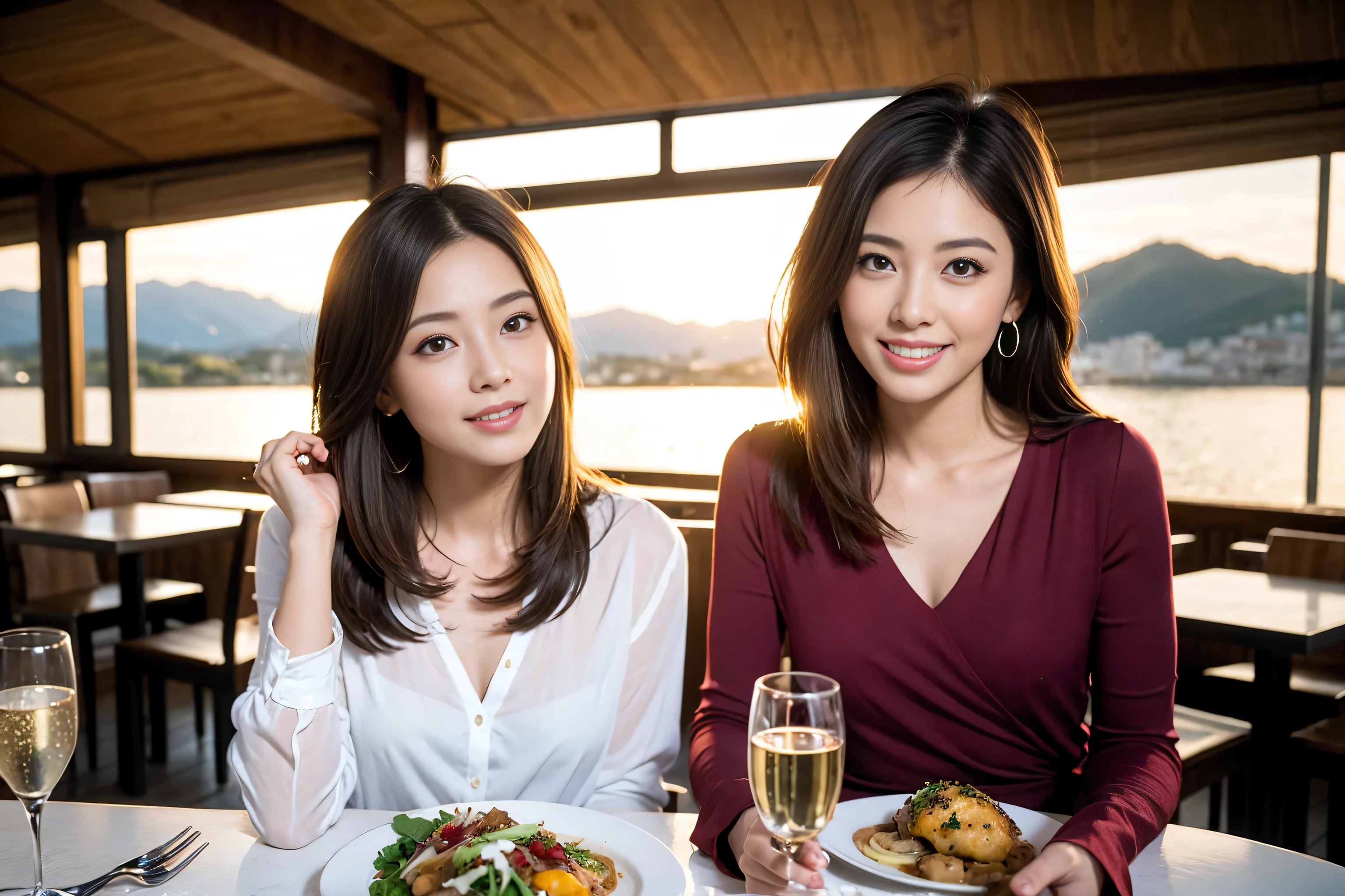 ((highest quality、8k、masterpiece:1.3))、1 male 1 female、Lovers、Satomi Ishihara-like beautiful couple、 (Slim face), (The body is スリム), (Brown Hair), (Shortcuts), ((Bob Hale、Straight hair:1.2)), Wine glass on the table、Please put light on my face、 Amazing view of the sunset sky and clouds、Amazing mountain views、The wonderfulness of smiles、Bright image、Blushing, Shortcuts,Bright Face、 (Age 35), 39 years old, red wine 、Appetizers、Italian food、Wine bottle、Champagne、sparkling wine、Long sleeve shirt、dress、Attractive beauty、restaurant, Nova Frog Style, actress, model, Upper Body, White wine, red wine, wine glass,