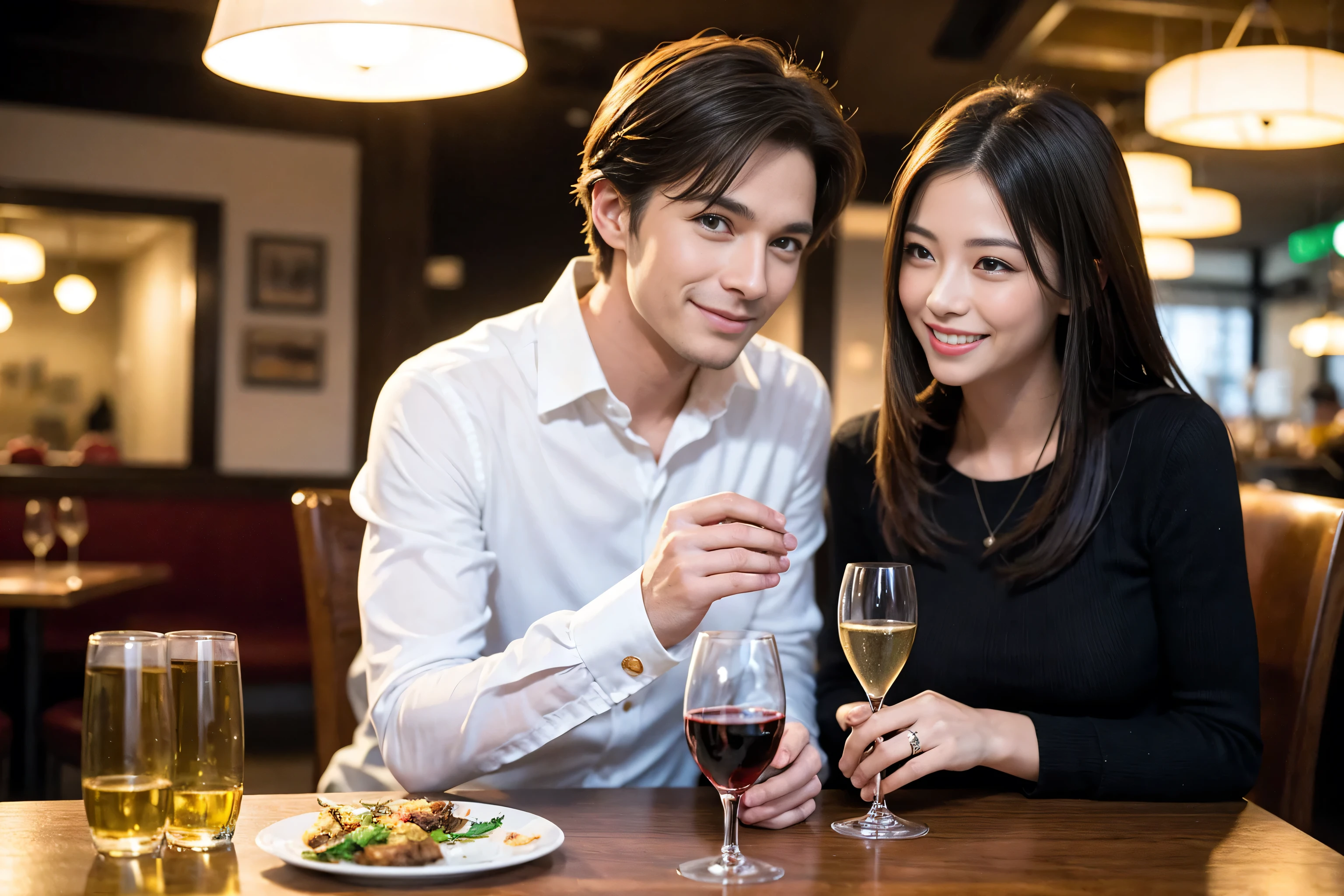 ((highest quality、8k、masterpiece:1.3))、1 male 1 female、Lovers、Satomi Ishihara-like beautiful couple、 (Slim face), (The body is スリム), (Brown Hair), (Shortcuts), ((Bob Hale、Straight hair:1.2)), Wine glass on the table、Please put light on my face、 Amazing view of the sunset sky and clouds、Amazing mountain views、The wonderfulness of smiles、Bright image、Blushing, Shortcuts,Bright Face、 (Age 35), 39 years old, red wine 、Appetizers、Italian food、Wine bottle、Champagne、sparkling wine、Long sleeve shirt、dress、Attractive beauty、restaurant, Nova Frog Style, actress, model, Upper Body, White wine, red wine, wine glass, 