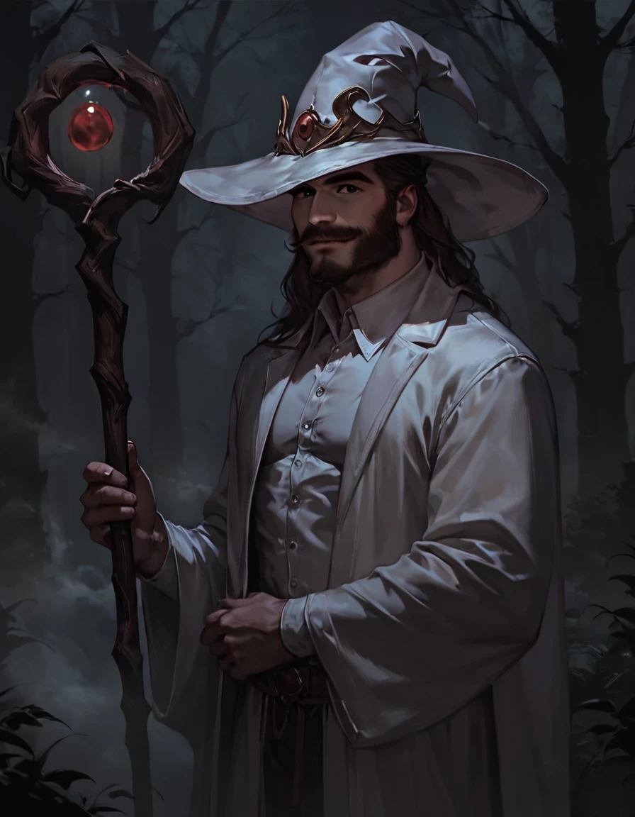 score_9, score_8_up, score_7_up, rating_safe, concept art, realistic, dark theme, low light, 1boy, solo, male focus, mature male, wizard, long hair, brown hair, black eyes, looking at viewer, hat, facial hair, beard, mustache, staff, wizard hat, white hat, white shirt, collared shirt, robe, white robe, white cloak, holding, holding staff, upper body, standing, outdoors, forest, nature, tree, fog, dark background 