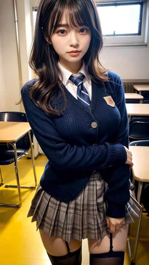 muste piece, best quality, illustration, Super detailed, fine details, High resolution, 8K,wall paper, perfect dynamic composition,(Details High quality, realistic depiction of eyes:1.3), (wavy hair:1.2), High School Classroom、High school girl uniform、blazer 、Super Short Check Uniform Skirt、Navy blue high socks、garterbelts、large breasts, Disturbed uniform, short bob hair, black hair color, large breasts, Big Natural Color Lip, bold sexy pose, (perfect body shape), crying a little、Harajuku style、20 year old girl、cute type, beautiful legs, hposing Gravure Idol, Voluptuous thighs, Accurate anatomy、Ultra-high definition beauty face、Ultra HD Hair、Ultra HD The Shining Eyes、The Shining, Super high quality beautiful skin、Super high quality glossy lip