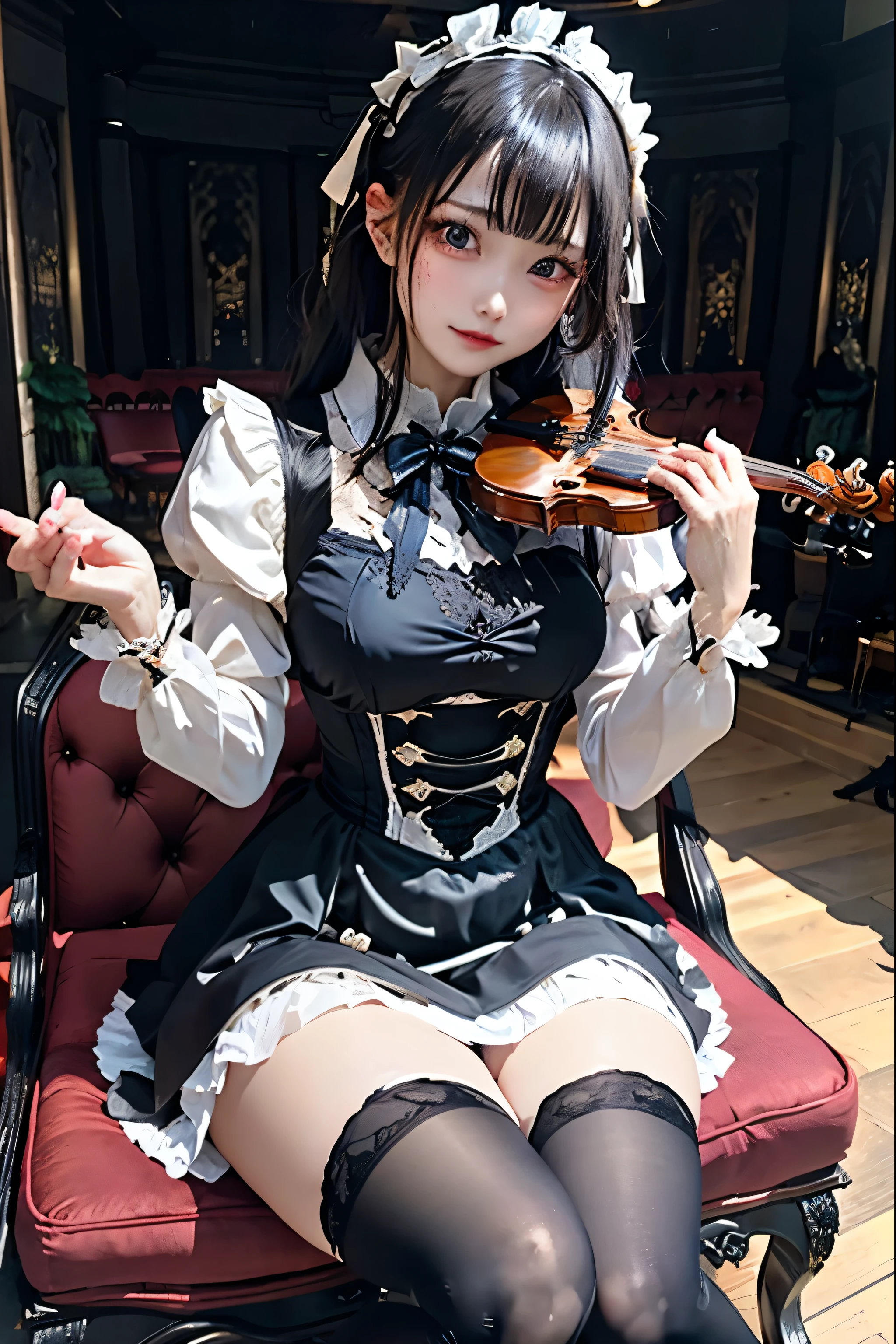 Hard Dark Gothic Makeup、Deep Night Sky、Horror、Black dark eyeshadow、sad、Good skin radiance、Dark Gothicメイク、Dark smile、palace、24-years-old、Embarrassed look、Dark Gothic、Obscene language、highest quality、Drunk face、紫のMaid clothes、Mysterious、Noble、sexy、Loving smile、Right blue eye, Left eye is red、Platform Heel Shoes、Heavy makeup、Gothic Lolita Clothing、Silver Hair、Long Hair Straight Hair、Cute Gothic Lolita Dress、Beautiful Face、elegant features、Fascinating face、Stained glass is the background、Chest glistening with sweat、The room is dark、gothic long dress、Bell Sleeves、Wizard Sleeve、Decadent look、Sexually excited expression、Glossy thighs wet with water、Thighs that are wet and shiny with oil、Background of a room full of roses、The embroidery is pink、The dress has pink embroidery、Thigh-high socks、Knee-high socks、Gentle expression、Dark black eyeshadow、Stained glass and rose background、Female Duo、Female couple、dark church background、Stained glass、Black metal world、Dark Castle、Slender body、gothic long dress、Maid clothes、Victorian dresses、Her thighs glisten with sweat、My body is wet and shiny、Lots of glitter on the thighs、My thighs are sticky from sweating、Sweat glistens on the thighs, The whole body is sweaty and shiny、Quite sweaty、My thighs are sweaty、My thighs are so wet、My thighs are shining with sweat、A lot of sweat glistens all over the body、Small breasts、Orchestra StageStage、Dynamic Angle、sitting on a gothic chair、Play the violin gracefully、With a violin、Press the violin strings、violinist、orchestra performance、Thin thighs、slender、Violin body and strings、Sit on a chair、pantyhose、
