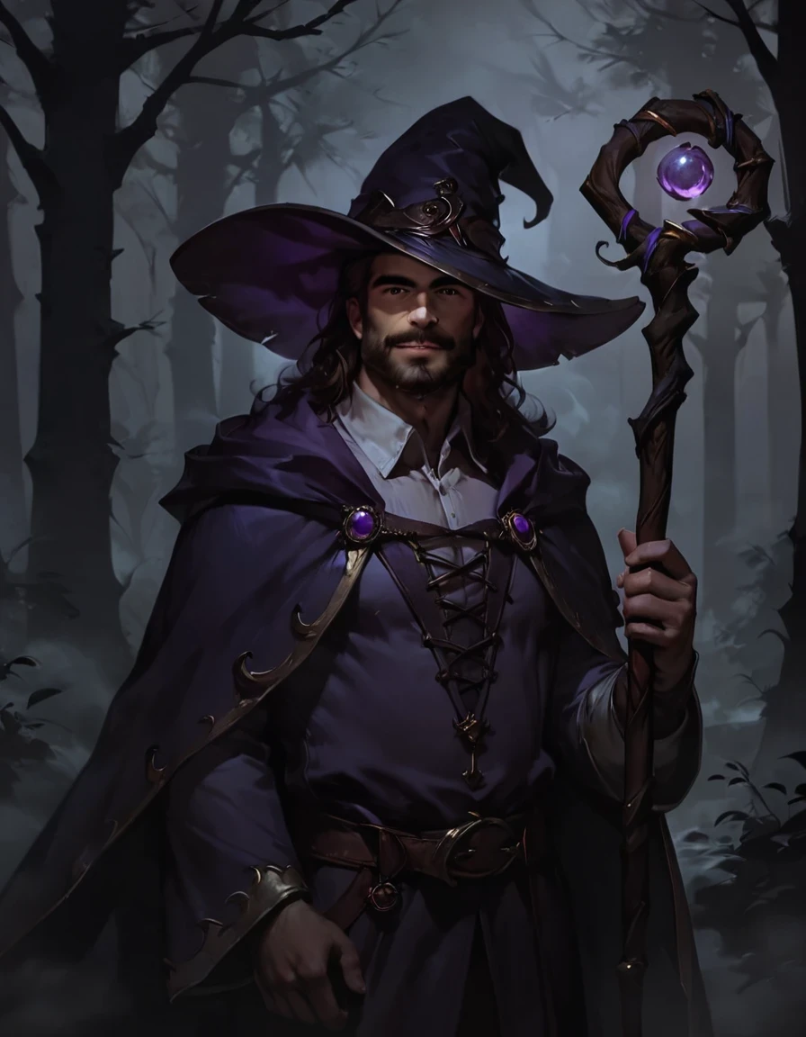 score_9, score_8_up, score_7_up, rating_safe, concept art, realistic, dark theme, low light, 1boy, solo, male focus, mature male, wizard, long hair, brown hair, black eyes, looking at viewer, hat, facial hair, beard, mustache, staff, wizard hat, purple hat, shirt, collared shirt, robe, purple robe, cloak, holding, holding staff, upper body, standong, outdoors, forest, nature, tree, fog, dark background 