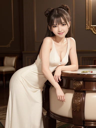 a lot of details, (underweight), 30 years old, detailed black hair, beautiful detailed hair, super fucking beautiful, delicate beautiful face, complex details beautiful and delicate eyes, perfect hands, (flat chest best quality:1.5), perfect and delicate limbs, detailed skin, best quality, ultra-detailed,(cheerful grin:1.3),
casino, delightful, sitting, bun hair, (beautiful cream long dress:1.2), with a roulette table, with a chair, half body photo, from front, ground-level shot, soft lighting