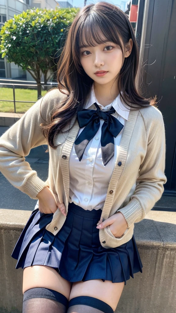 masterpiece, best quality, illustration, Super detailed, fine details, High resolution, 8K,wall paper, perfect dynamic composition,(Details High quality, realistic depiction of eyes:1.3), short hair, (wavy hair:1.2), Layered Cut, High School Classroom、High school girl uniform、Cardigan、Super Short Check Uniform Skirt、Navy blue high socks、garterbelts、Colossal tits、Disturbed uniform、, black hair color, Big Natural Color Lip, bold sexy pose, (perfect body shape), crying a little、Harajuku style、20 year old girl、cute type, beautiful legs, hposing Gravure Idol, Voluptuous thighs