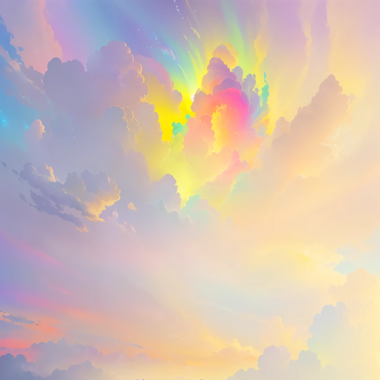 brightly colored clouds in a colorful sky with a horse in the foreground, luminous sky heaven background, ethereal rainbow nimbus, background artwork, colorful sky, magic portal in the sky, psychedelic sky, vibrant digital painting, atmospheric fantasy sky, fantasy puffy sky, dreamlike digital painting, colorful swirly magical clouds, heaven background, painting of wild hunt in the sky