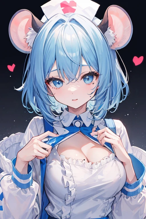 A girl with light blue hair and mouse ears, a mole under her eye, palm-sized and sweet, wearing a light blue nurse uniform with frills and a heart-shaped opening on the chest.