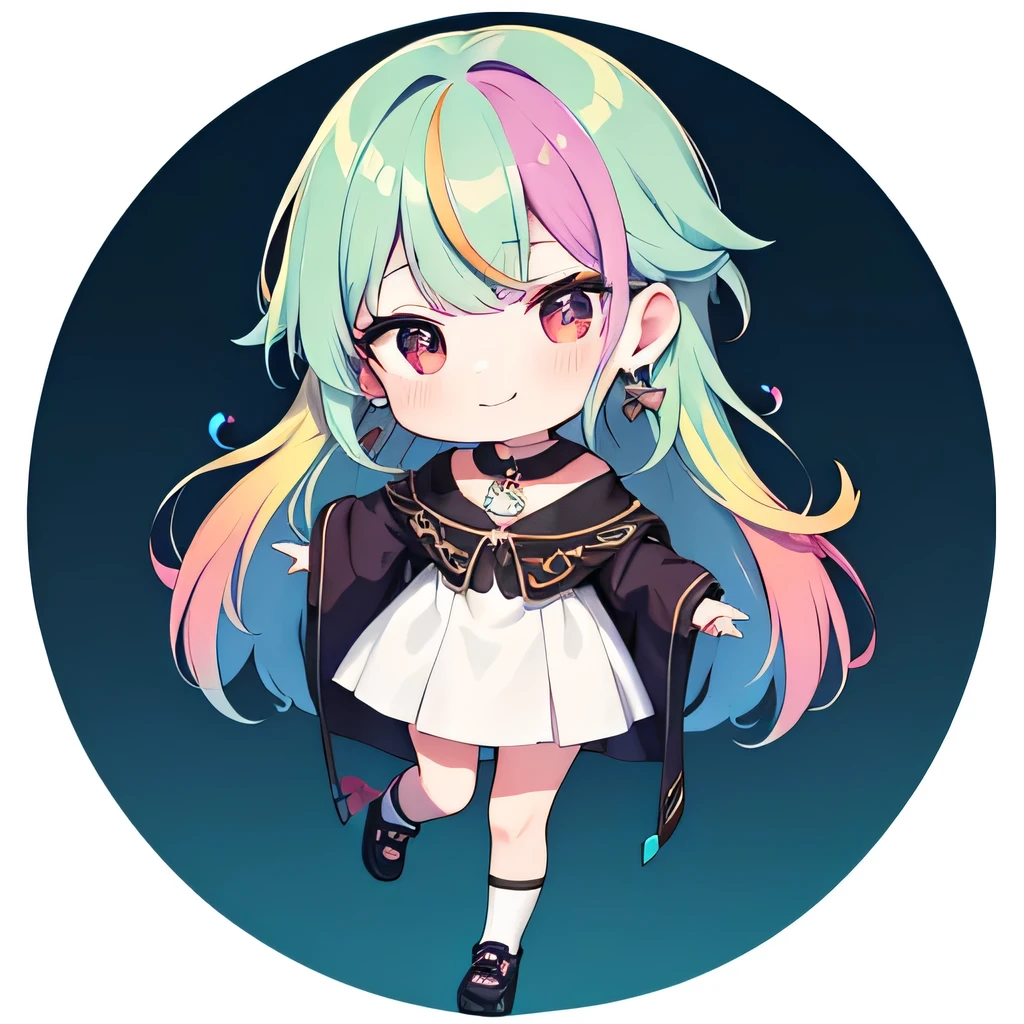 超A high resolution, nffsw, Best aesthetic, Best Quality, masutepiece, Flat Avatar, Perfect litthing、(colourfull、vivd colour: 1.4),Dancing Poses, Has iridescent hair,　is shy, A smile, hair adornments, Chibi, simple background, earrings,  large oval eyes,Flat Avatar,  simple background, ((rainbow-colored hair)),((One Boy))