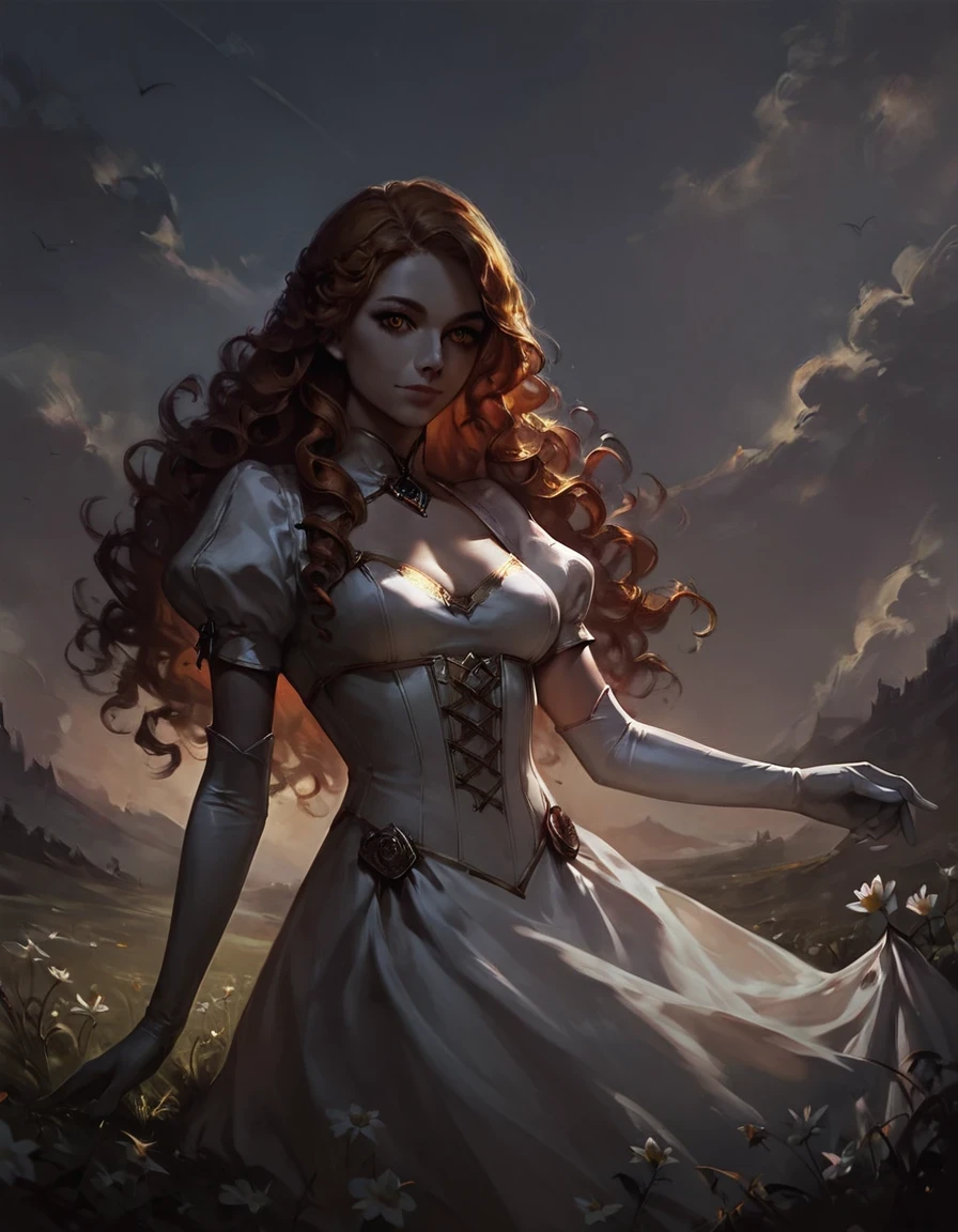 score_9, score_8_up, score_7_up, rating_safe, concept art, realistic, dark theme, low light, 1girl, solo, long hair, curly hair, wavy hair, orange hair, orange eyes, looking at viewer, breasts, dress, white dress, puffy sleeves, puffy short sleeves, short sleeves, gloves, elbow gloves, white gloves, cowboy shot, closed mouth, standing, outdoors, field, flower, grass, plant, sky 