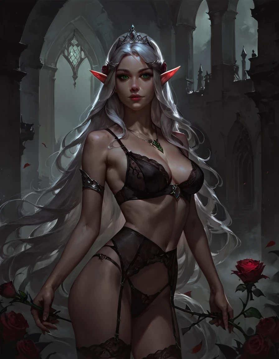 score_9, score_8_up, score_7_up, rating_safe, concept art, realistic, dark theme, low light, 1girl, solo, elf, pointy ears, breasts, long hair, very long hair, white hair, green eyes, portrait, looking at viewer, black lingerie, tiara, silver tiara, holding, holding flower, rose, red rose, necklace, jewelry, cowboy shot, standing, outdoors, castle