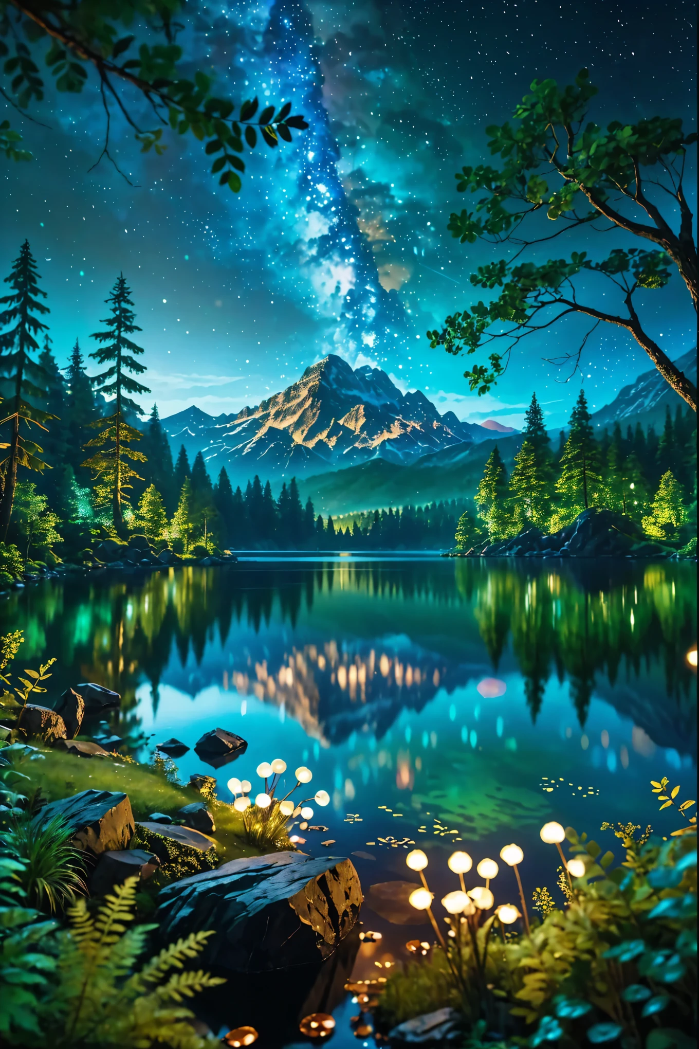 35mm photograph, film, bokeh, professional, beautiful fantasy forest with a mountain in the background and a lake at night with milyway in the sky, hyperrealistic, super realistic, sharp focus, 32k, (((masterpiece))) (((ultimate quality))), exquisite beauty, highiest texture resolution, photorealistic, fantasy setting, epic composition
