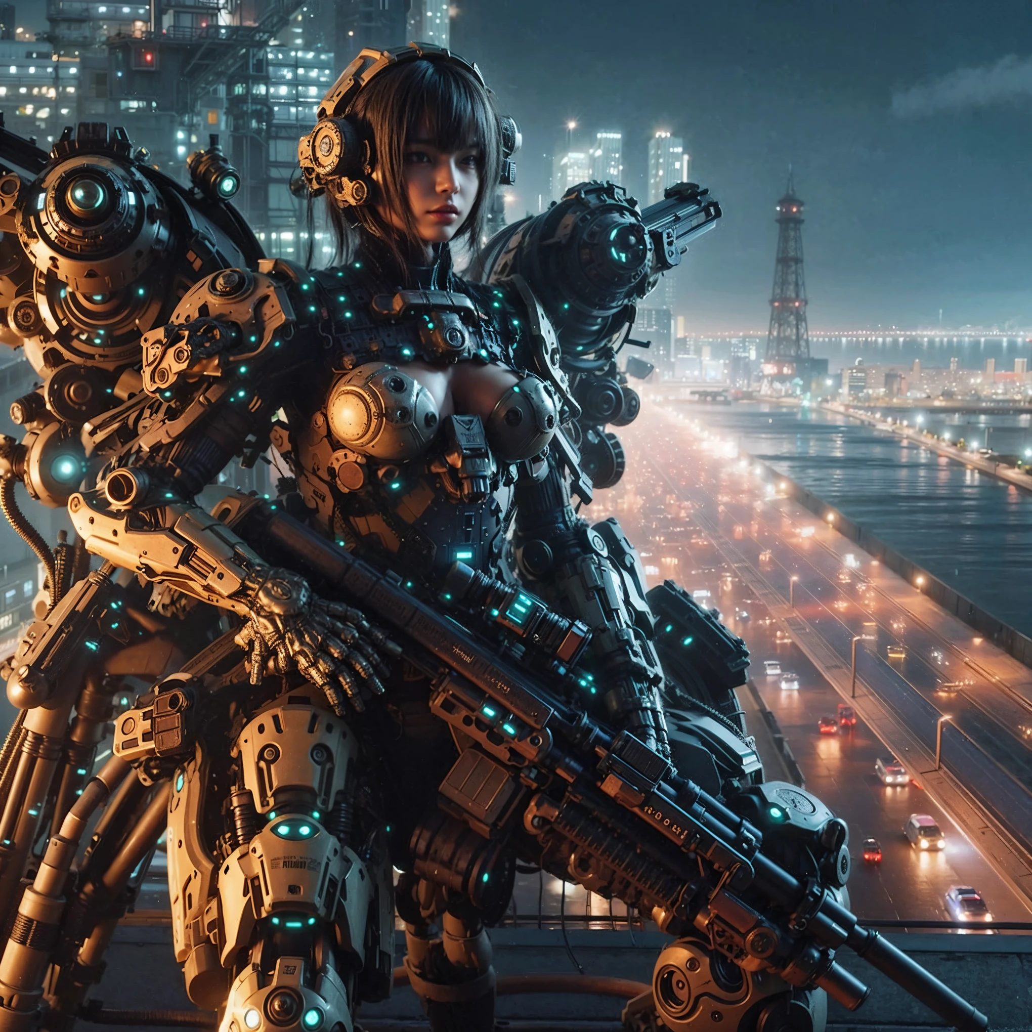 (extremely intricate all details)、(extremely realistic all Texture) 、glossy Texture、Navy blue heavy mechanical armor resembling a pillbug, designed by Hajime Katoki、1 person、Beautiful female soldier、Multi-legged、Heavyweight、Heavy Armor、Firearms、Ultra-realistic、Full Body Shot、Night view of the bayside industrial area、Spotlight lighting to illuminate characters、Please generate at least 4 copies.