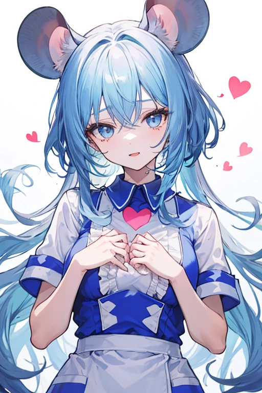 A girl with light blue hair and mouse ears, a mole under her eye, palm-sized and sweet, wearing a light blue nurse uniform with frills and a heart-shaped opening on her chest, showing off her whole body.