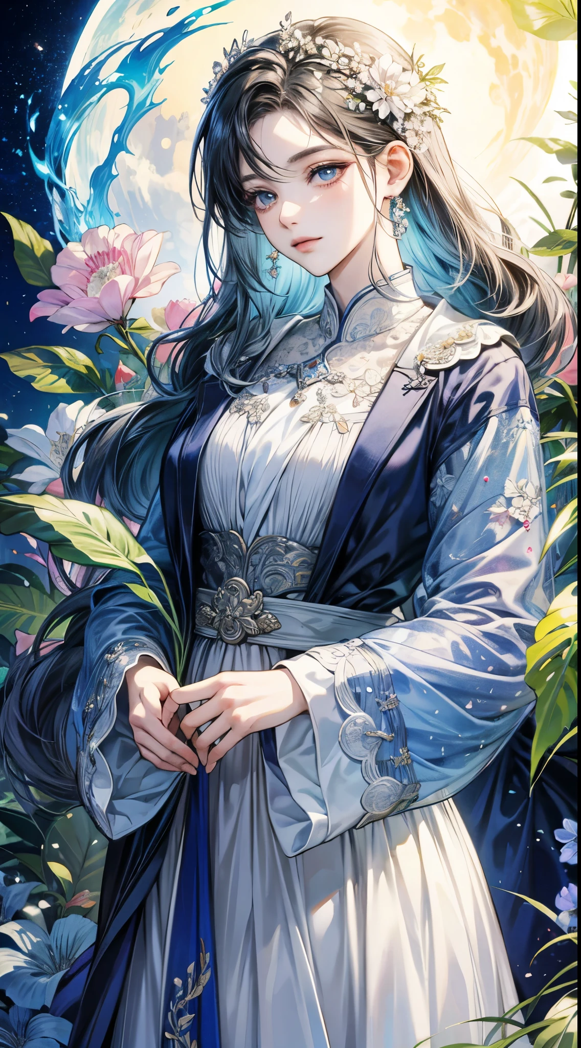 （（Best quality））， （（masterpiece）） moon， 1. Moon God， Welcome， Floral scent，Exquisite facial features