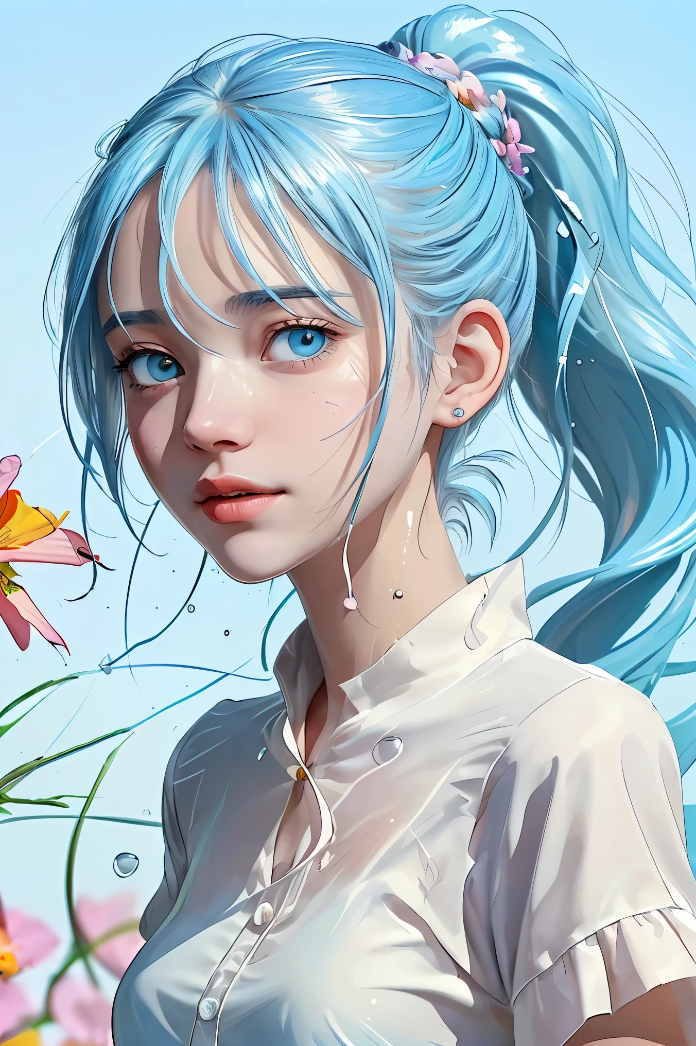 (Masterpiece), (Best Quality), (Super Detail), (disheveled Hair), (Illustration), (One Girl), (Fashionable Clothes), Standing, Fashion Model, Beholder, (Interview), (Simple Background), Finely Beautiful Eyes, Delicate Beautiful Face, Floating, (High Saturation), (Colorful Splash), Colorful Bubble, (Shine), Focus on the Face, Ponytail, Light Blue Hair, Bangs, Hair Rings, Floating Flowers, Floating Hairs, (Shining), Best Lighting, Best Shadows