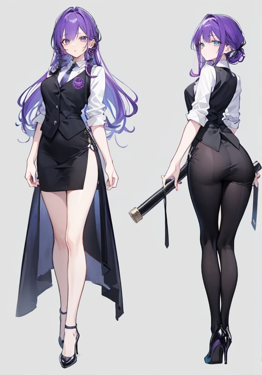 ((Perfect Face)),Purple Hair,voluminous long hair,1 female,bartender,suit,Black vest,Shirt with rolled up sleeves,tie,slit,High heels,,((Simple Background)),smile,((whole body)),((whole body)),Portraiture,virtual,upright,,Both arms are down,Standing upright with face and body facing forward,