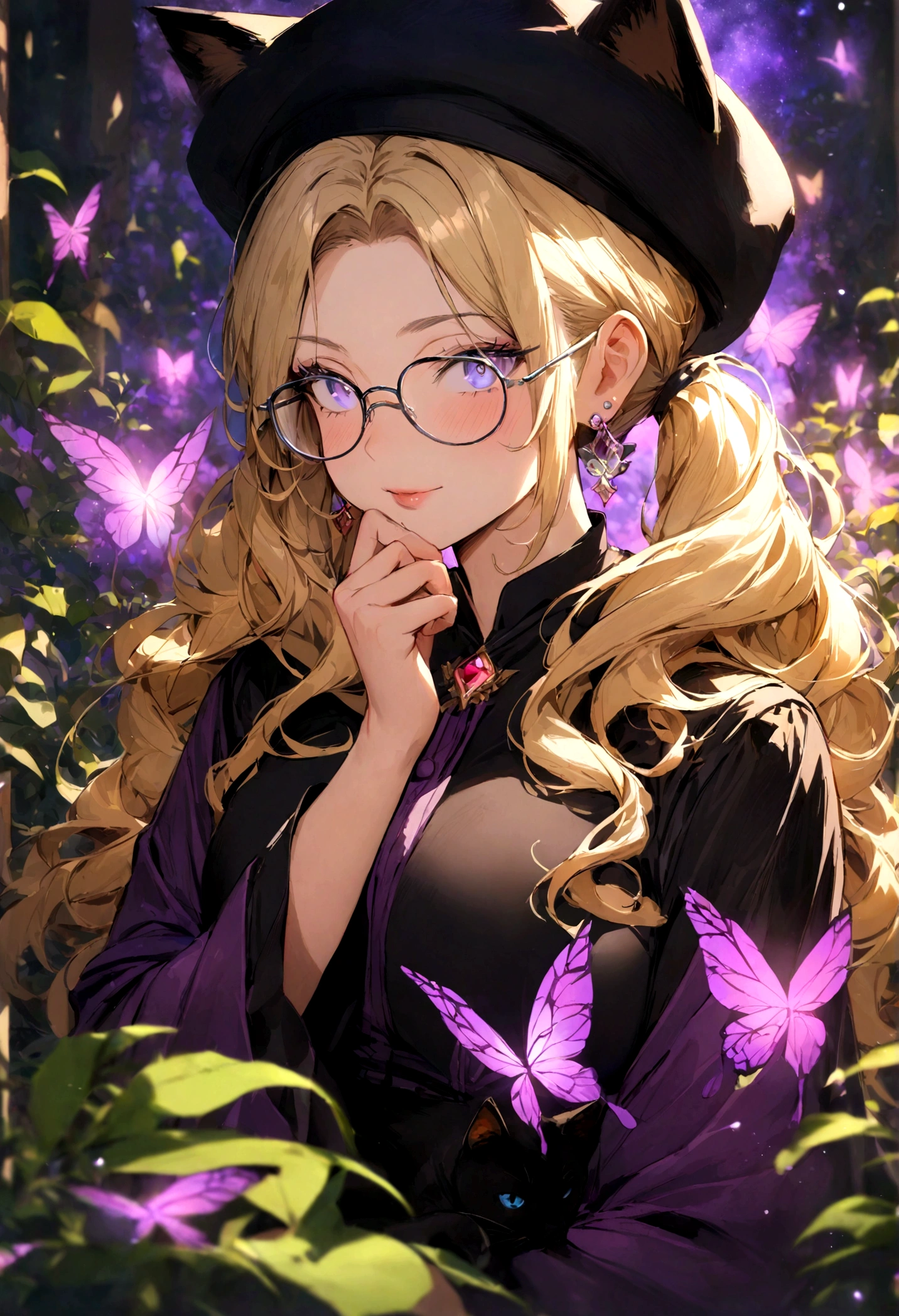 (masterpiece, best quality),1girl with long twintails yellow blond hair , bang ,white glasses , black cat hat , blues glow eyes , wavy long smooth hair, beautiful detailed face , earrings , sitting in a field of green plants and flowers , her hand under her chin , stunning and gorgeous mature woman , warm lighting , Hogwarts uniform purple color , blurry foreground , black cat , Aura float deep purple glow diamond butterfly around , magic effect